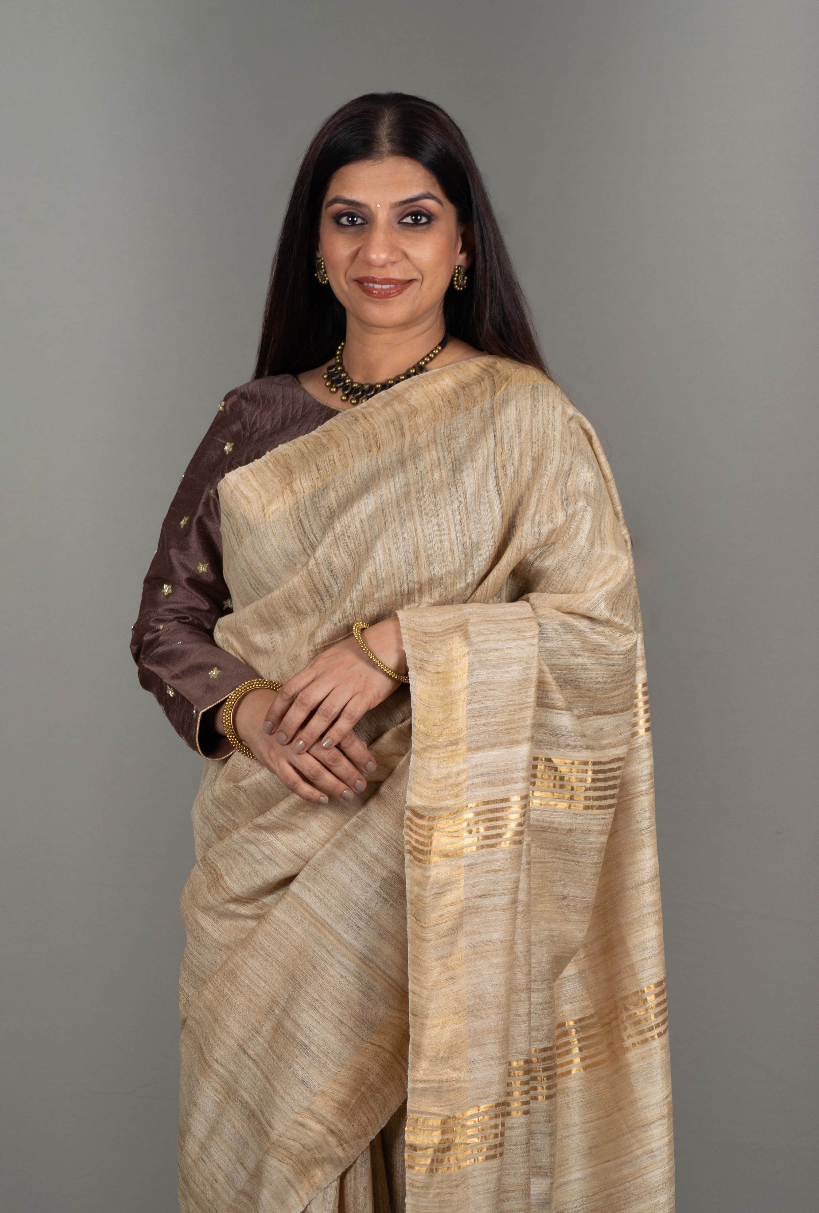 Anuja Pure Tussar Silk Saree in Beige with Golden Zari Border - Indian Handloomz
