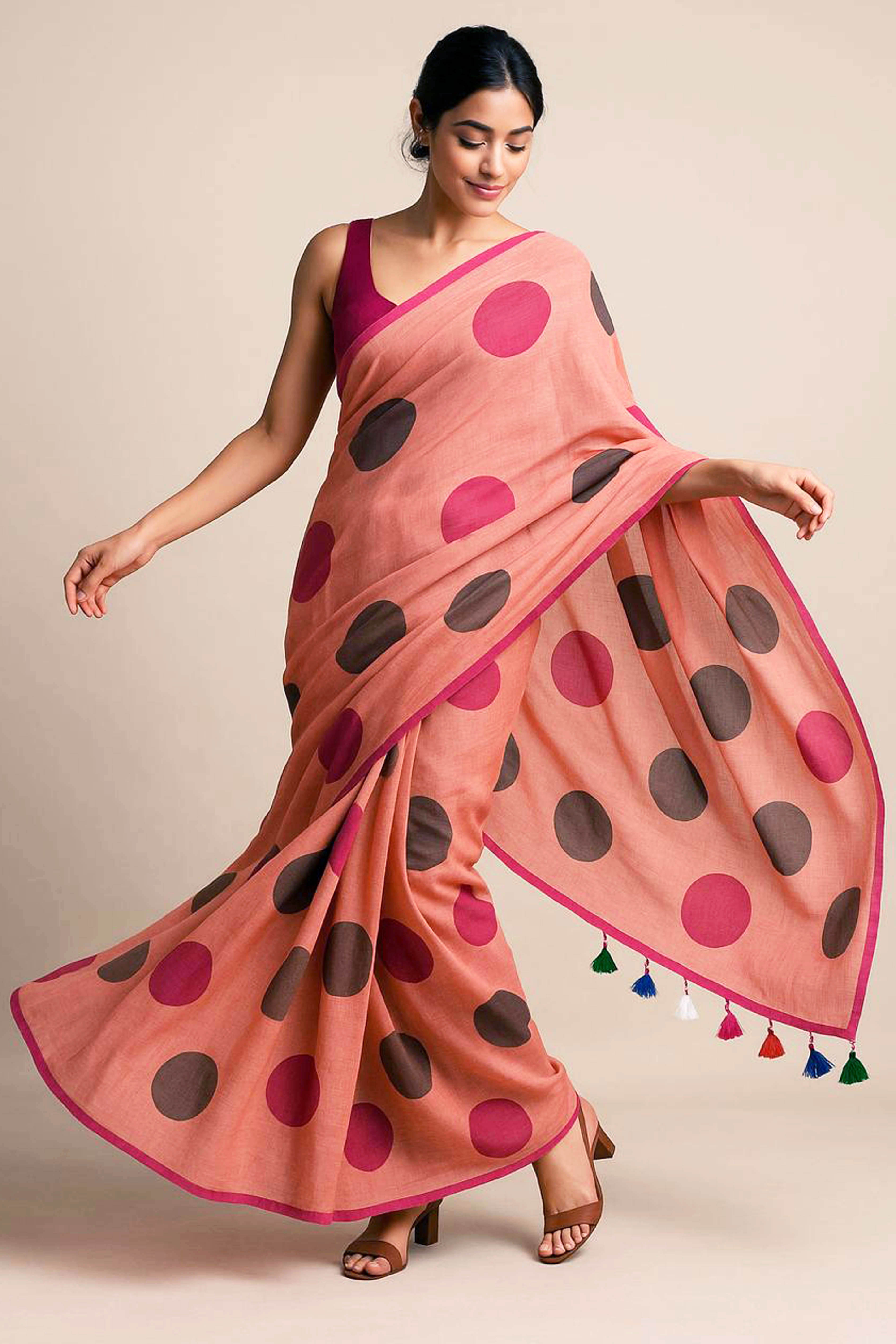 Rewa Pure Mul Cotton Saree with Polka Dots - Indian Handloomz