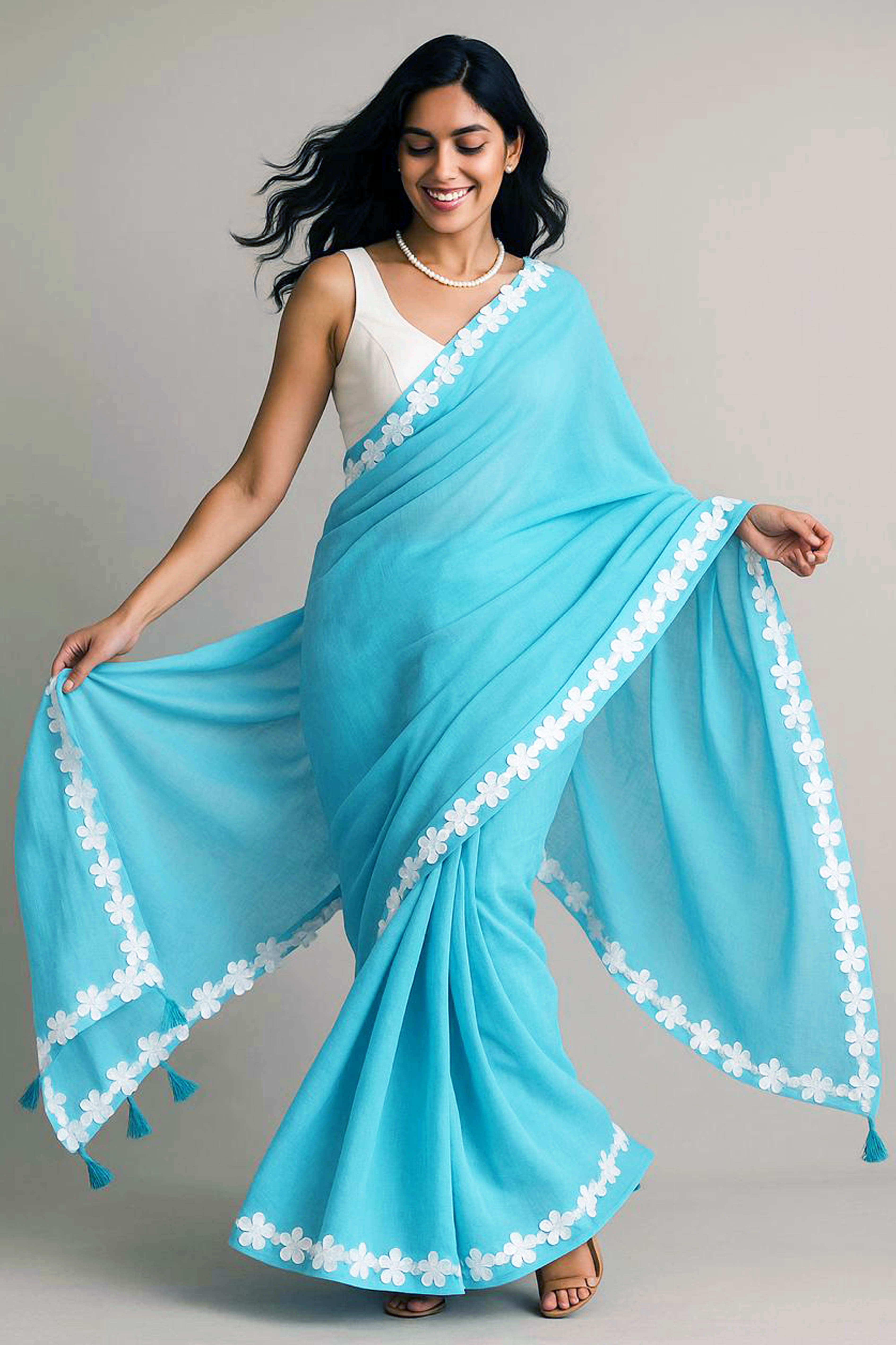Neela Pure Mul Cotton Saree in Sky Blue with White Floral Lace - Indian Handloomz