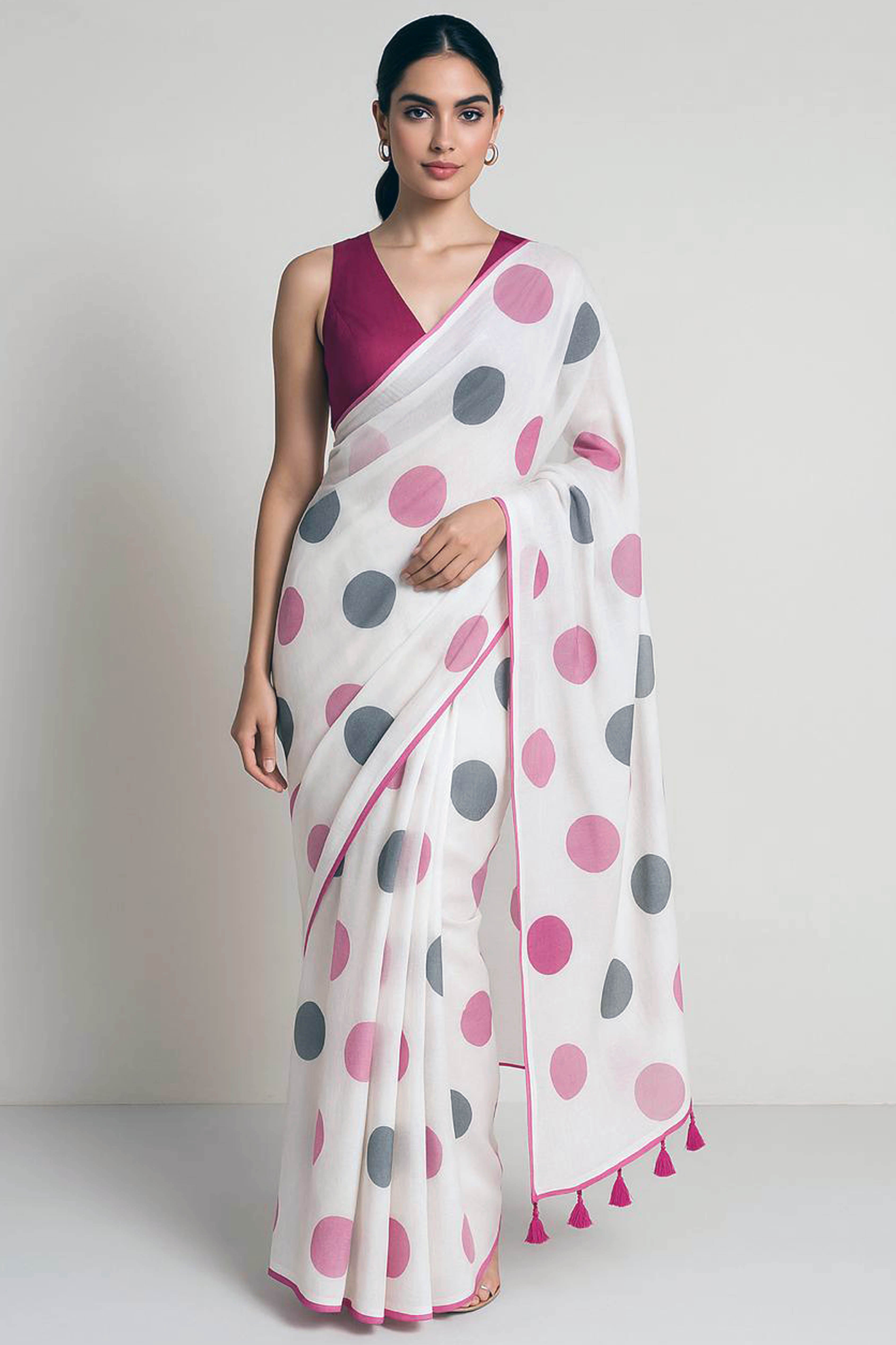 Raina Pure Mul Cotton Saree with Polka Dots