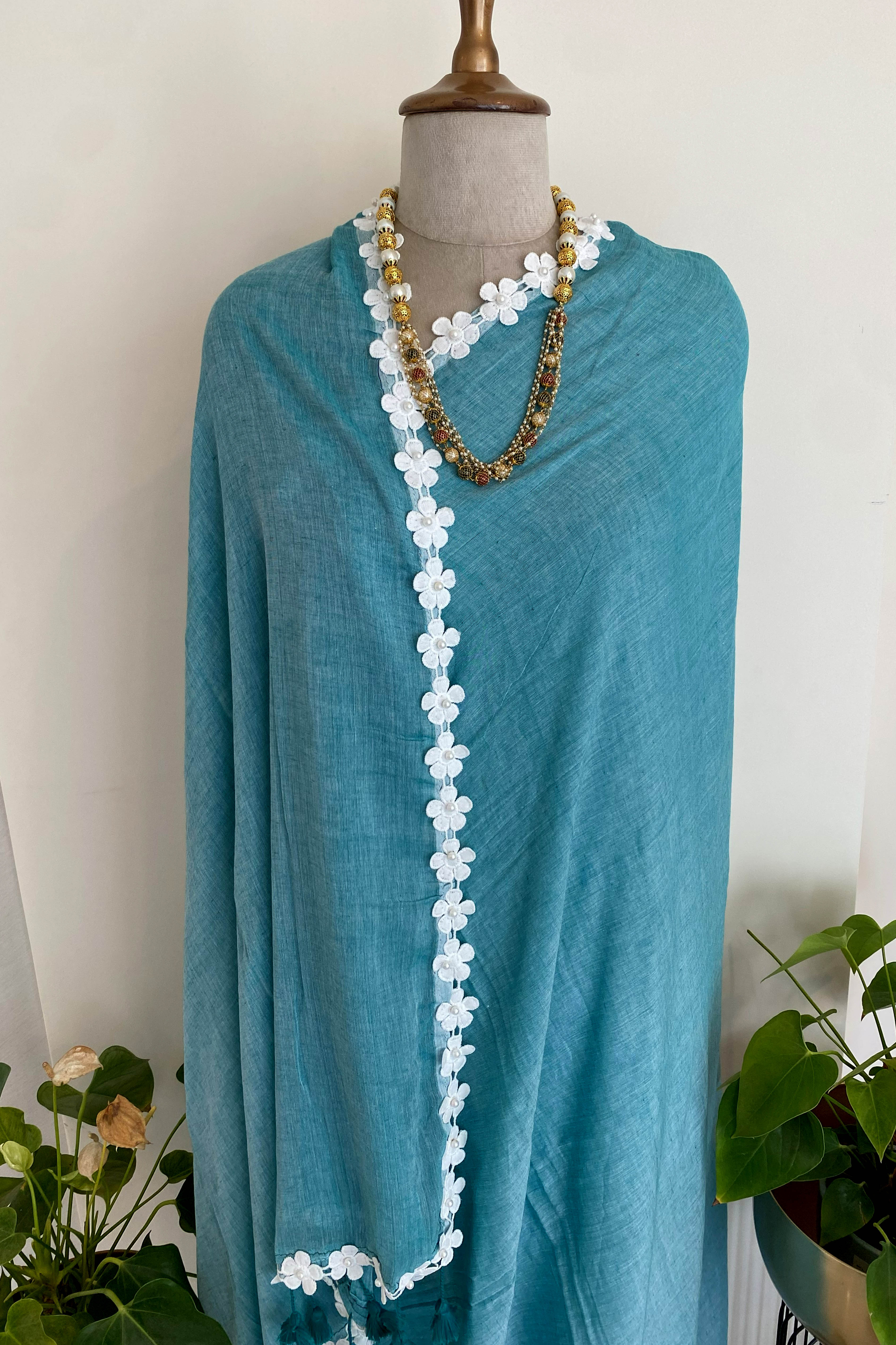 Chaitee Pure Mul Cotton Saree in Teal Blue with White Floral Lace
