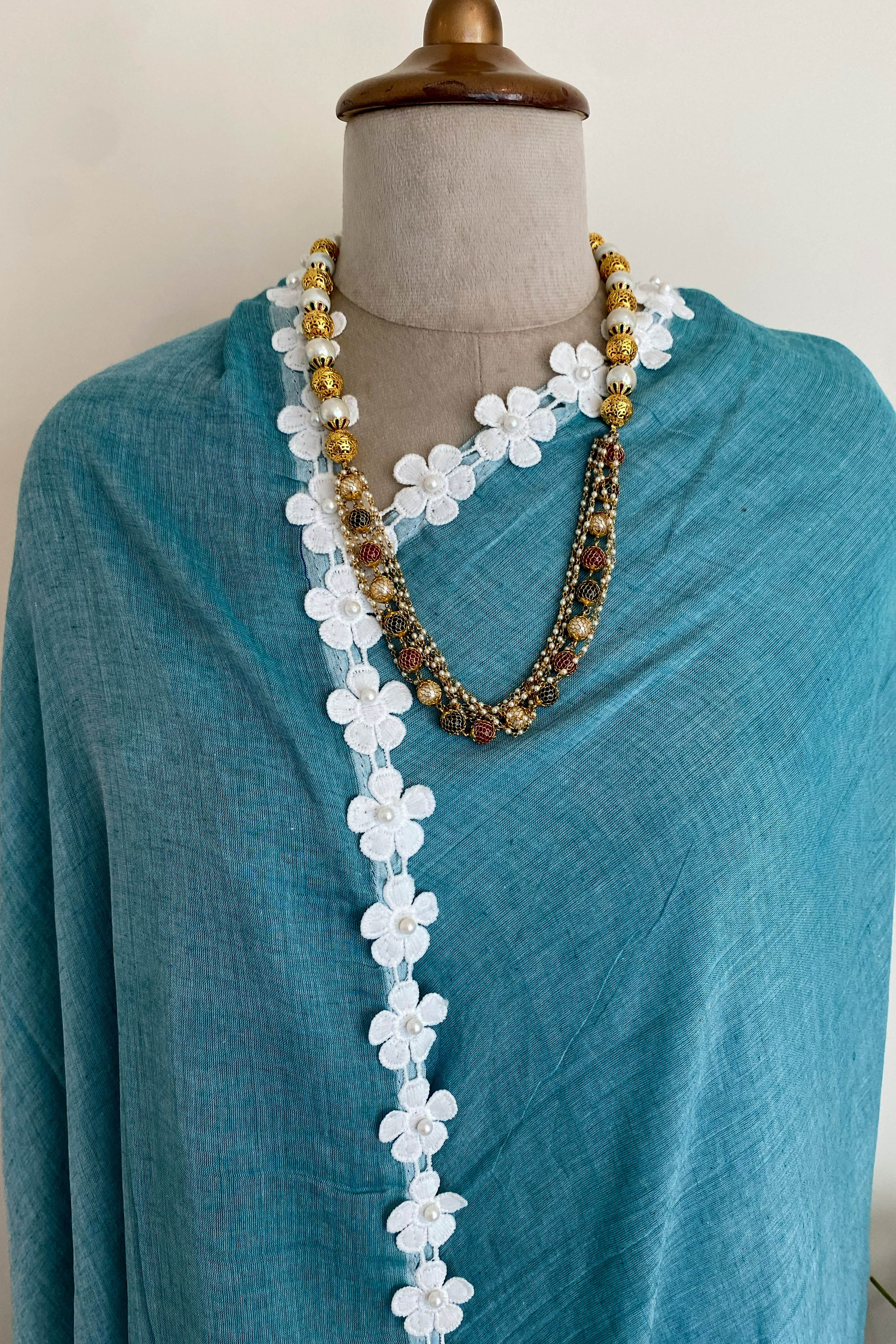 Chaitee Pure Mul Cotton Saree in Teal Blue with White Floral Lace