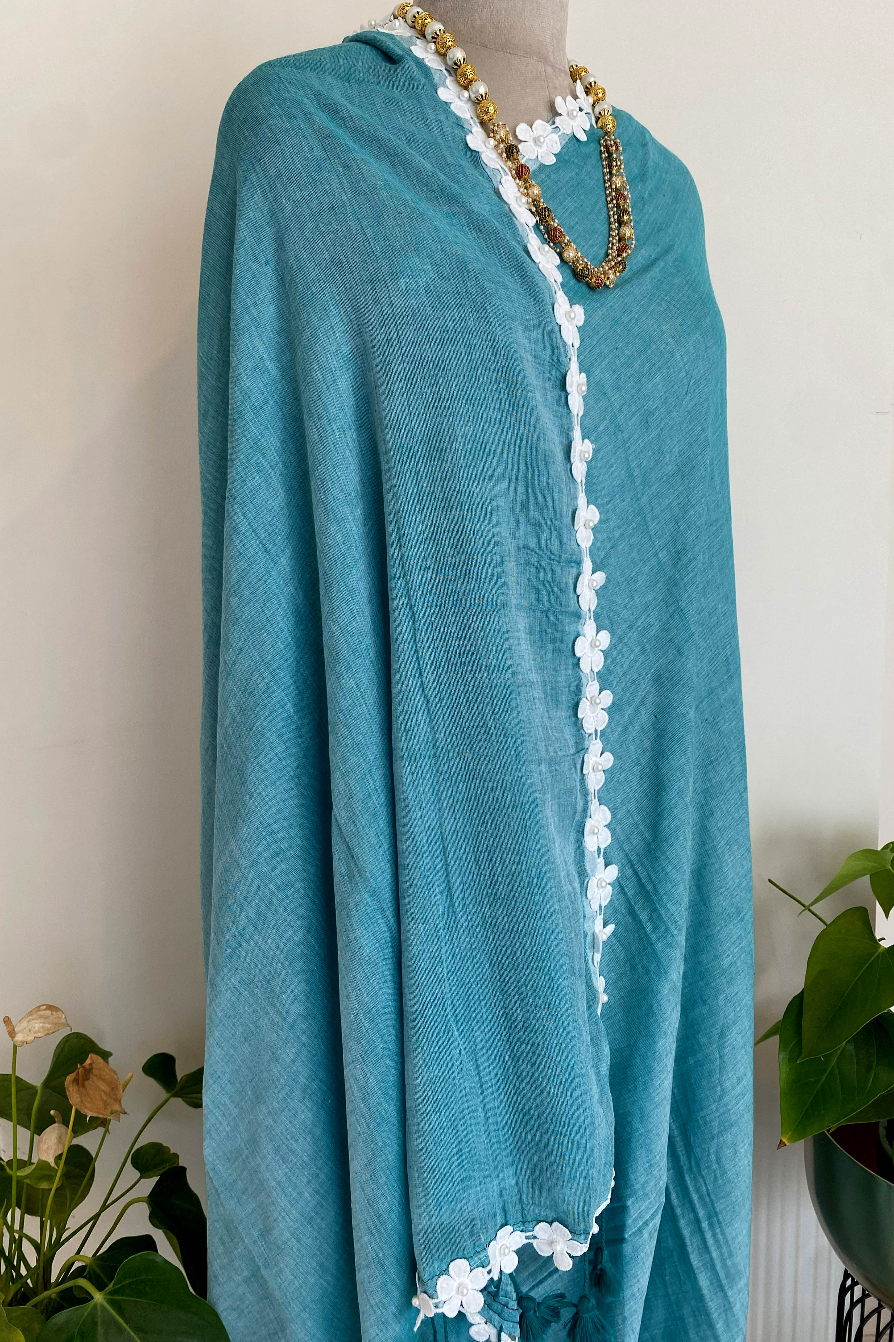 Chaitee Pure Mul Cotton Saree in Teal Blue with White Floral Lace