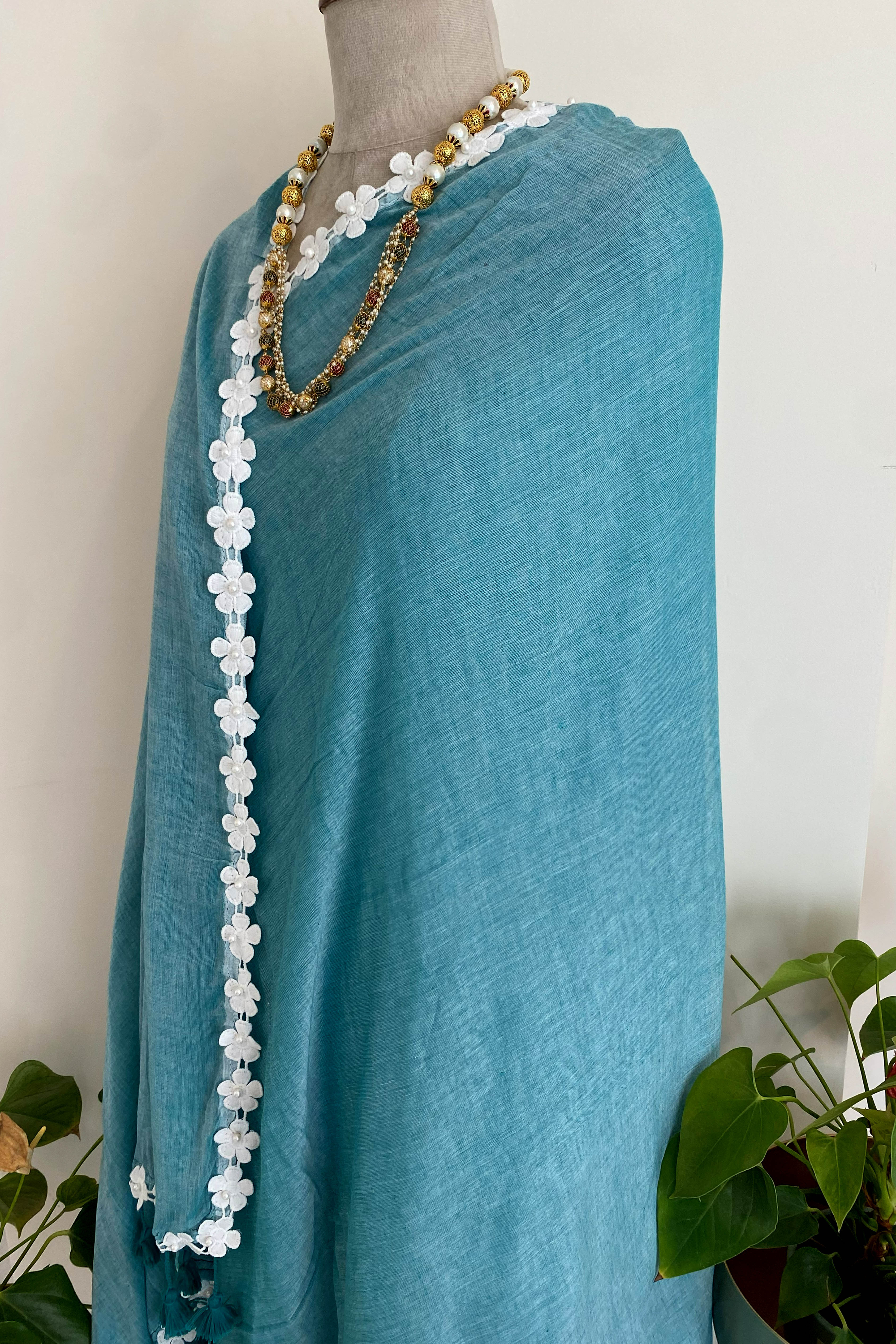 Chaitee Pure Mul Cotton Saree in Teal Blue with White Floral Lace