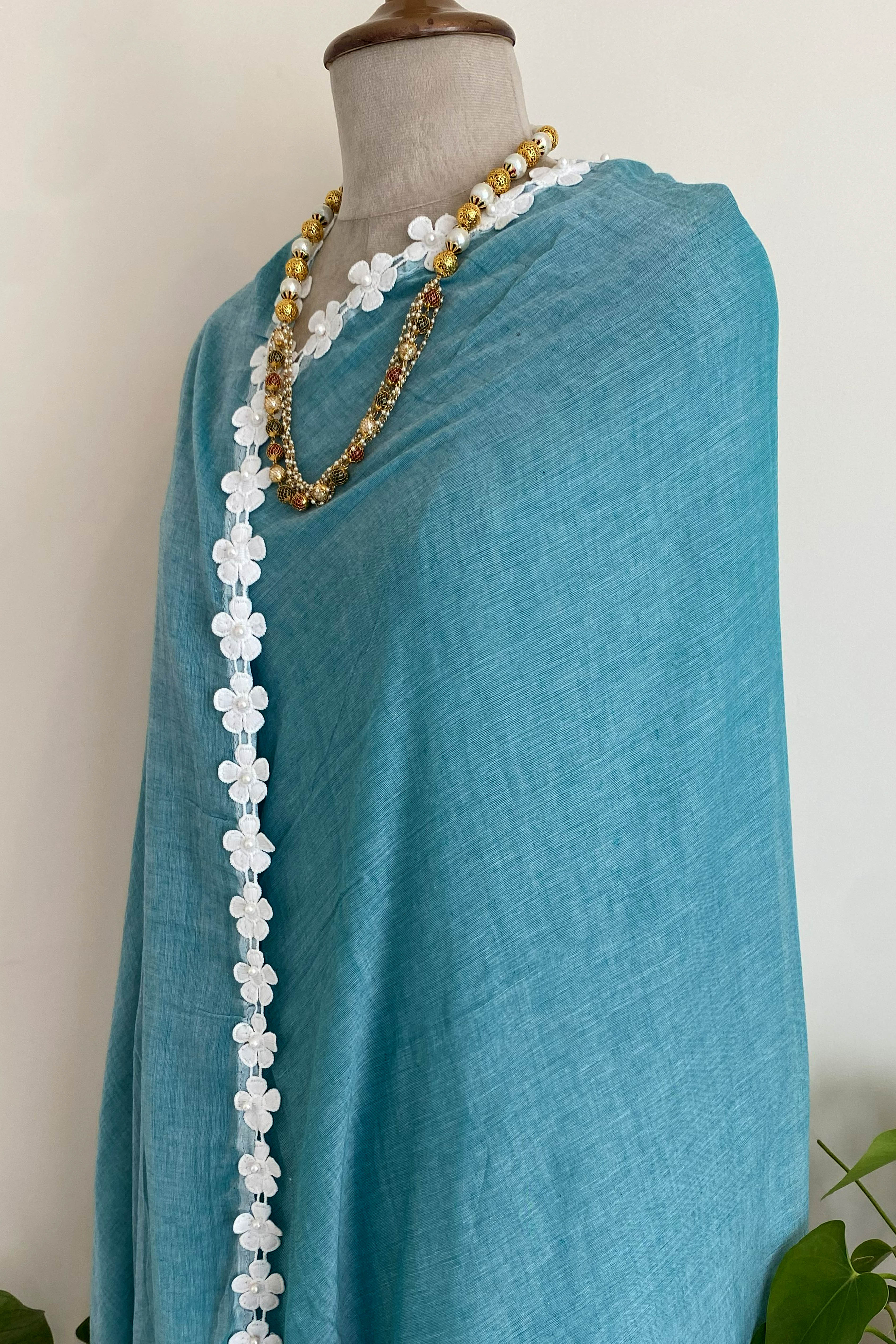 Chaitee Pure Mul Cotton Saree in Teal Blue with White Floral Lace
