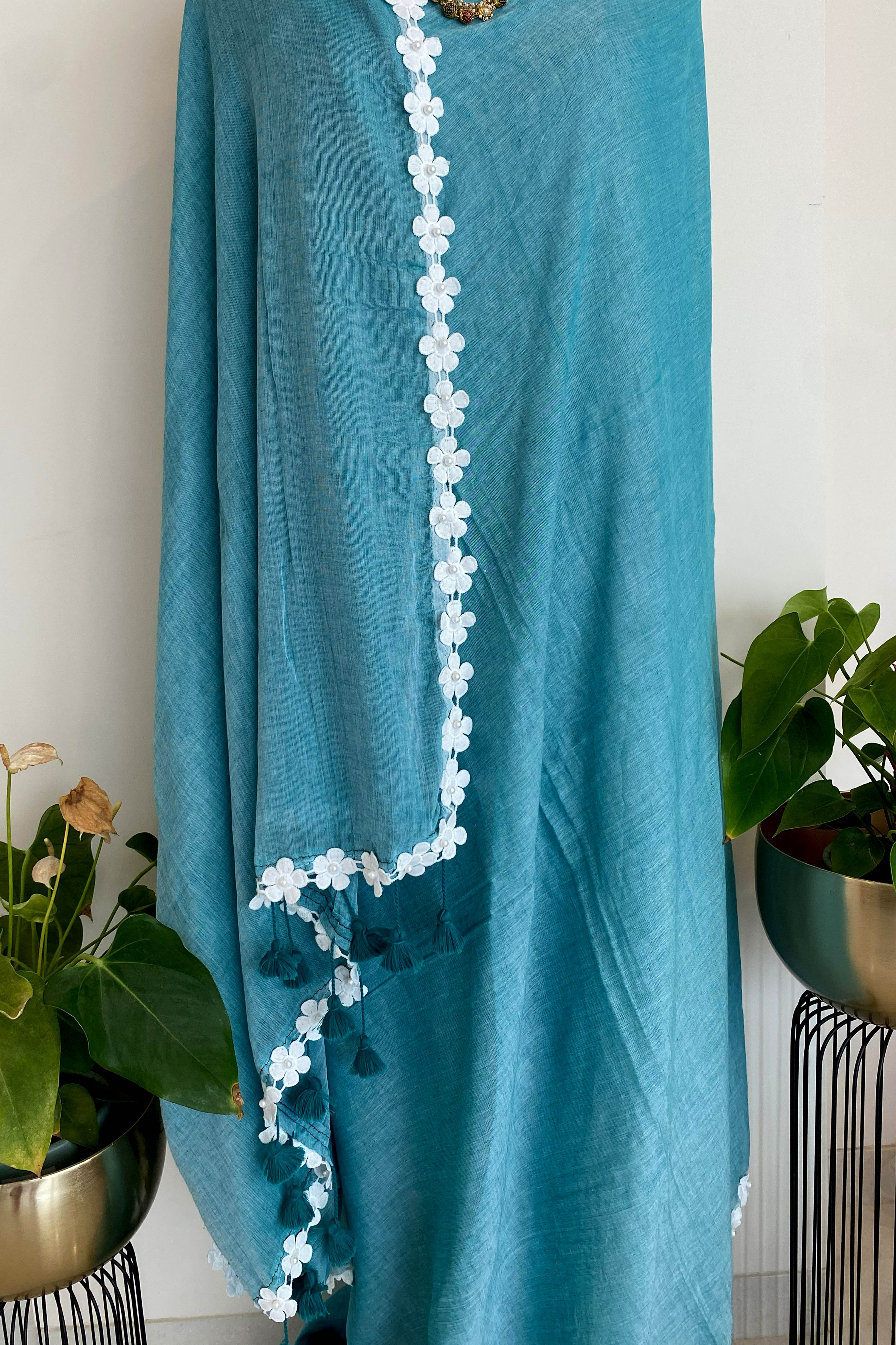 Chaitee Pure Mul Cotton Saree in Teal Blue with White Floral Lace