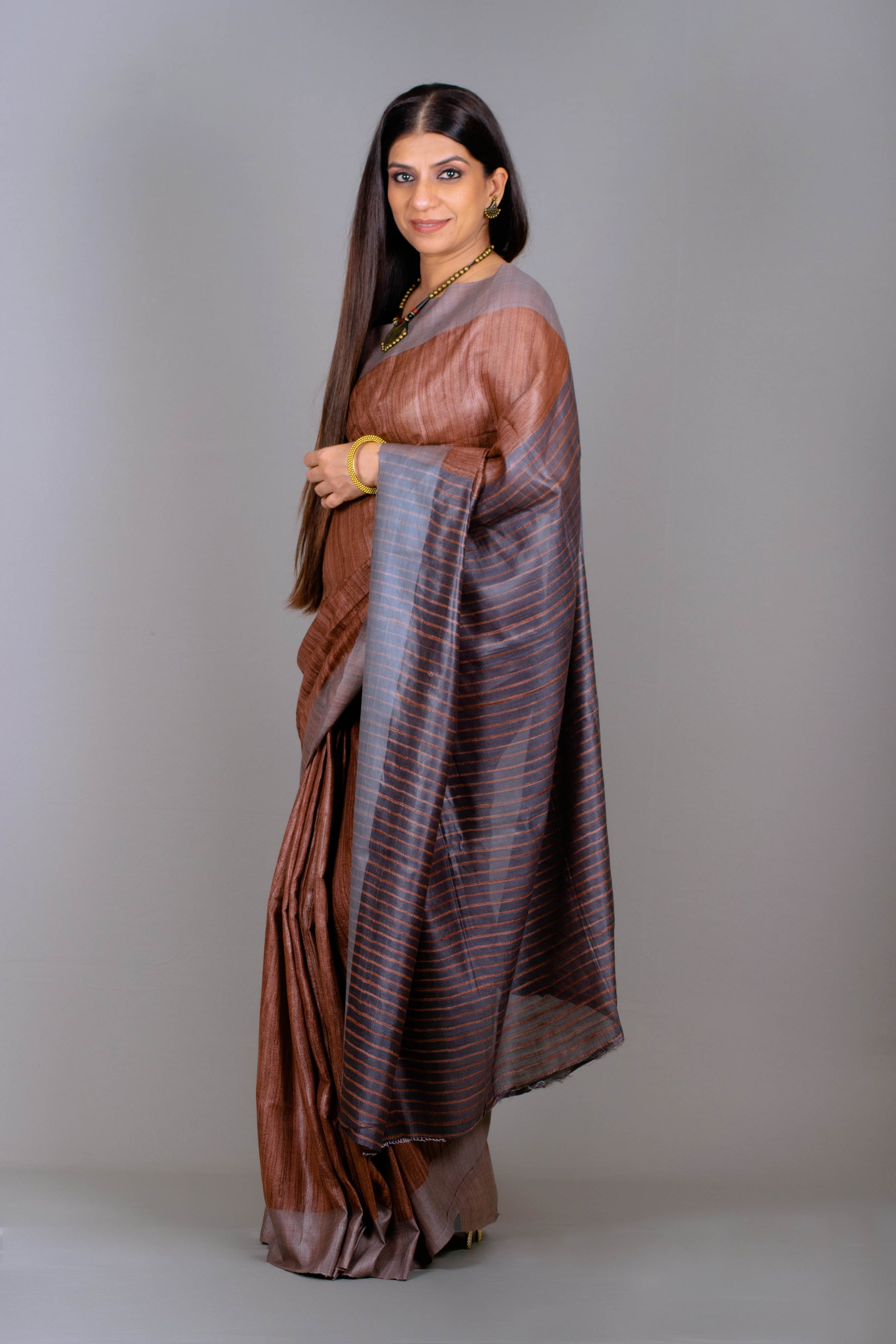 Kusum Pure Tussar Silk Saree in Oak Brown and Charcoal Grey Colour - Indian Handloomz
