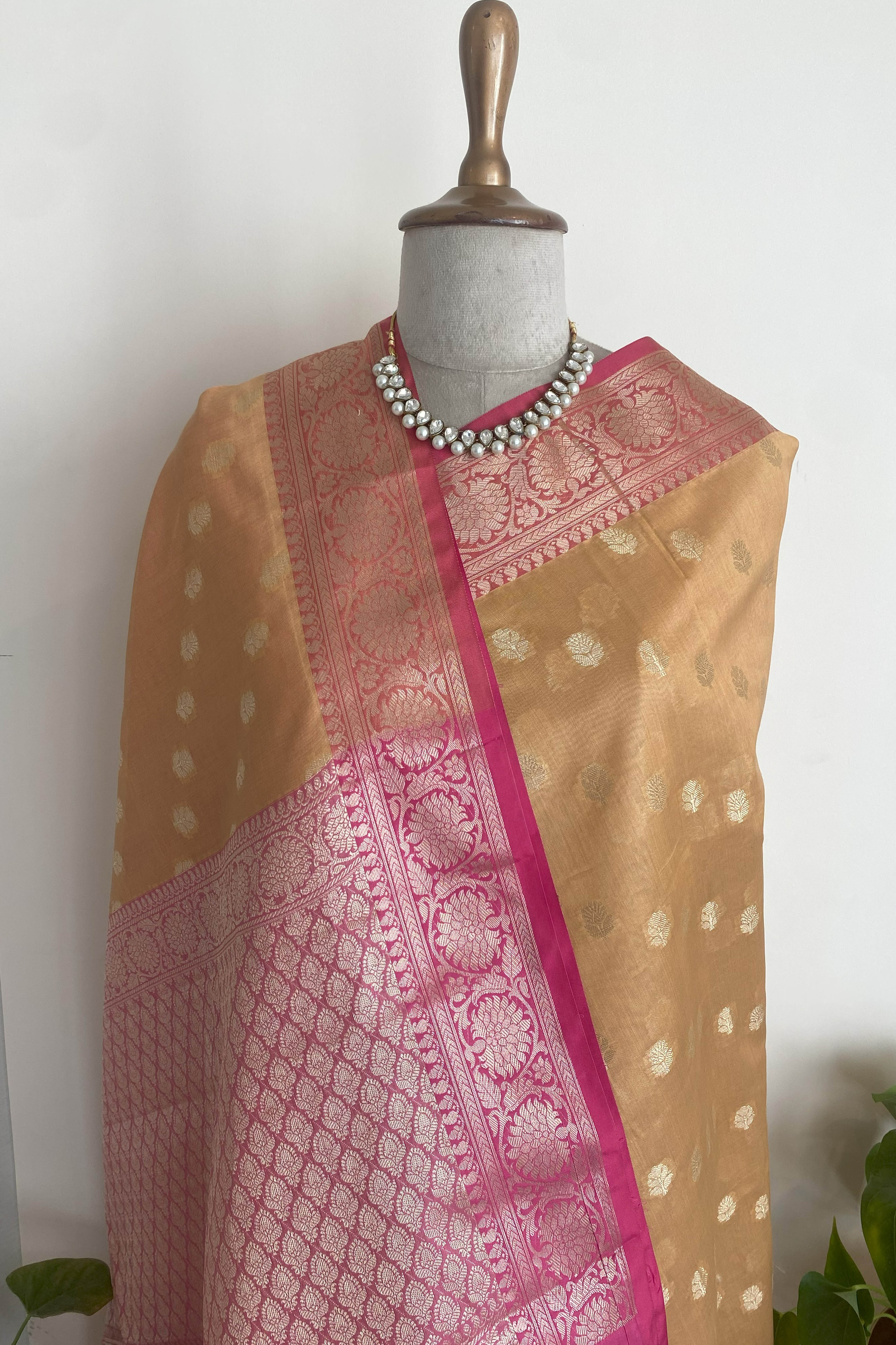 Nithya Banarasi Mercerized Cotton Saree in Golden Yellow & Rich Pink Pallu