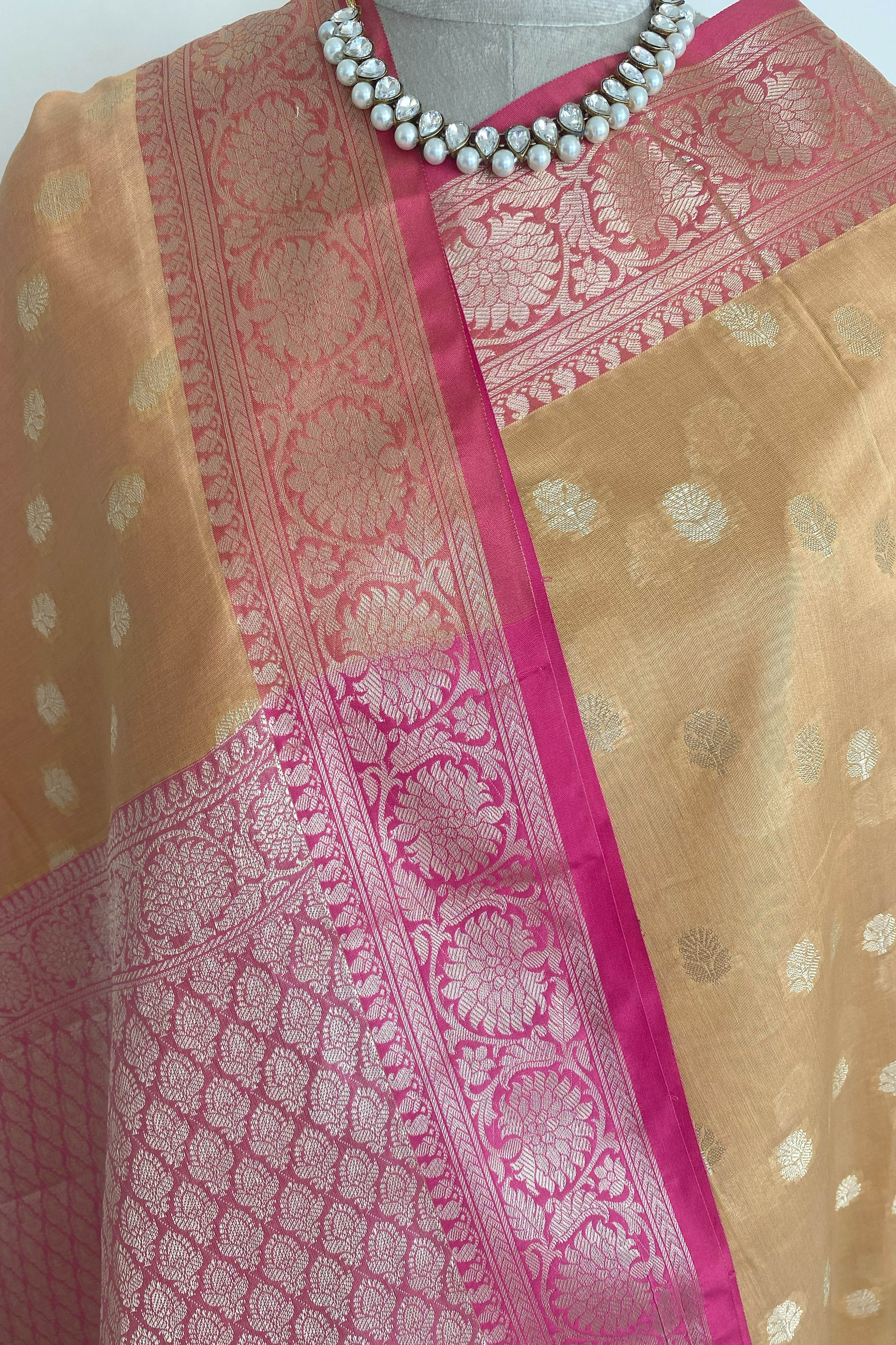 Nithya Banarasi Mercerized Cotton Saree in Golden Yellow & Rich Pink Pallu