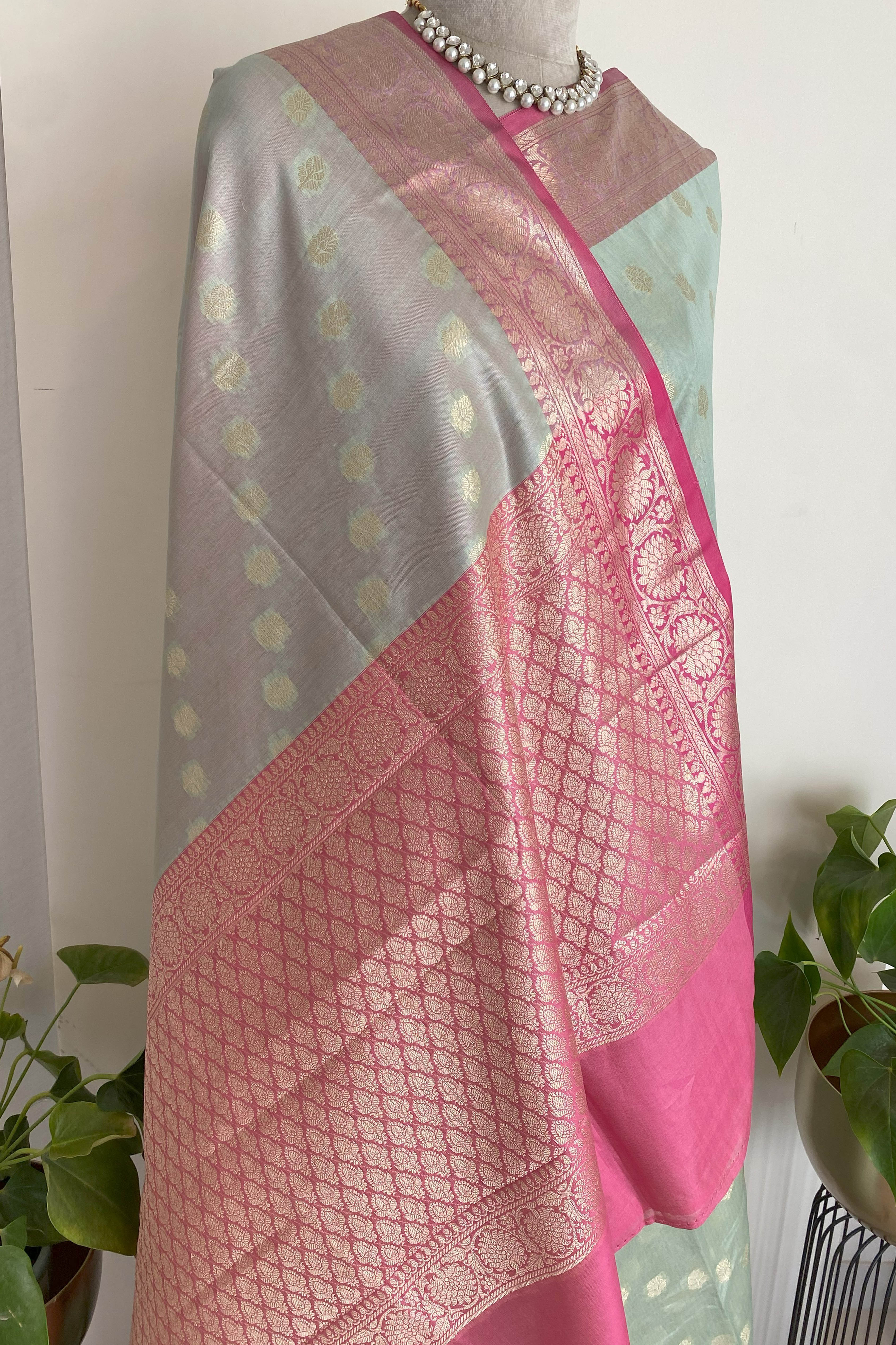 Arya Banarasi Mercerized Cotton Saree in Soft Pastel Green & Rich Pink Pallu