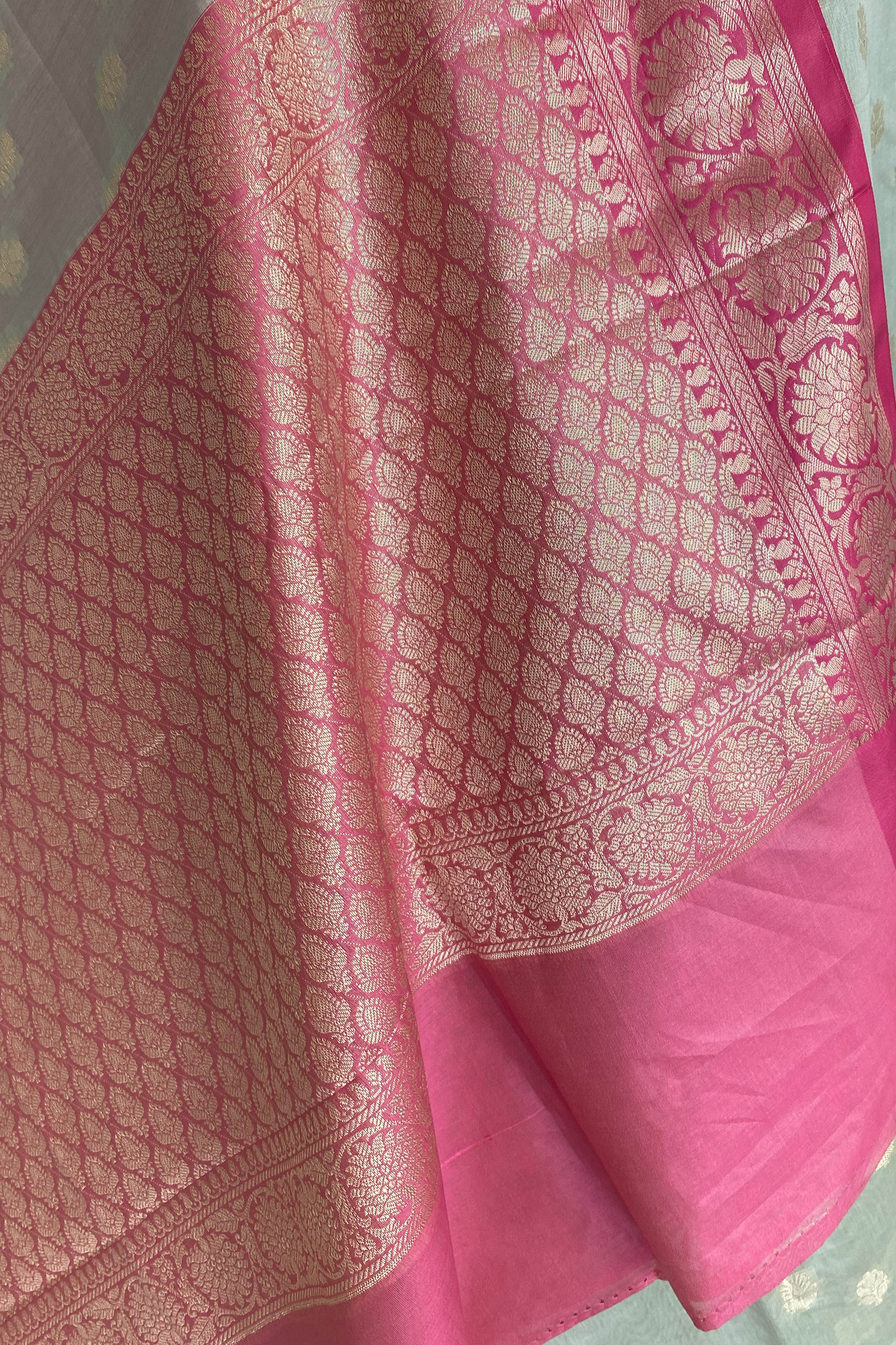 Arya Banarasi Mercerized Cotton Saree in Soft Pastel Green & Rich Pink Pallu