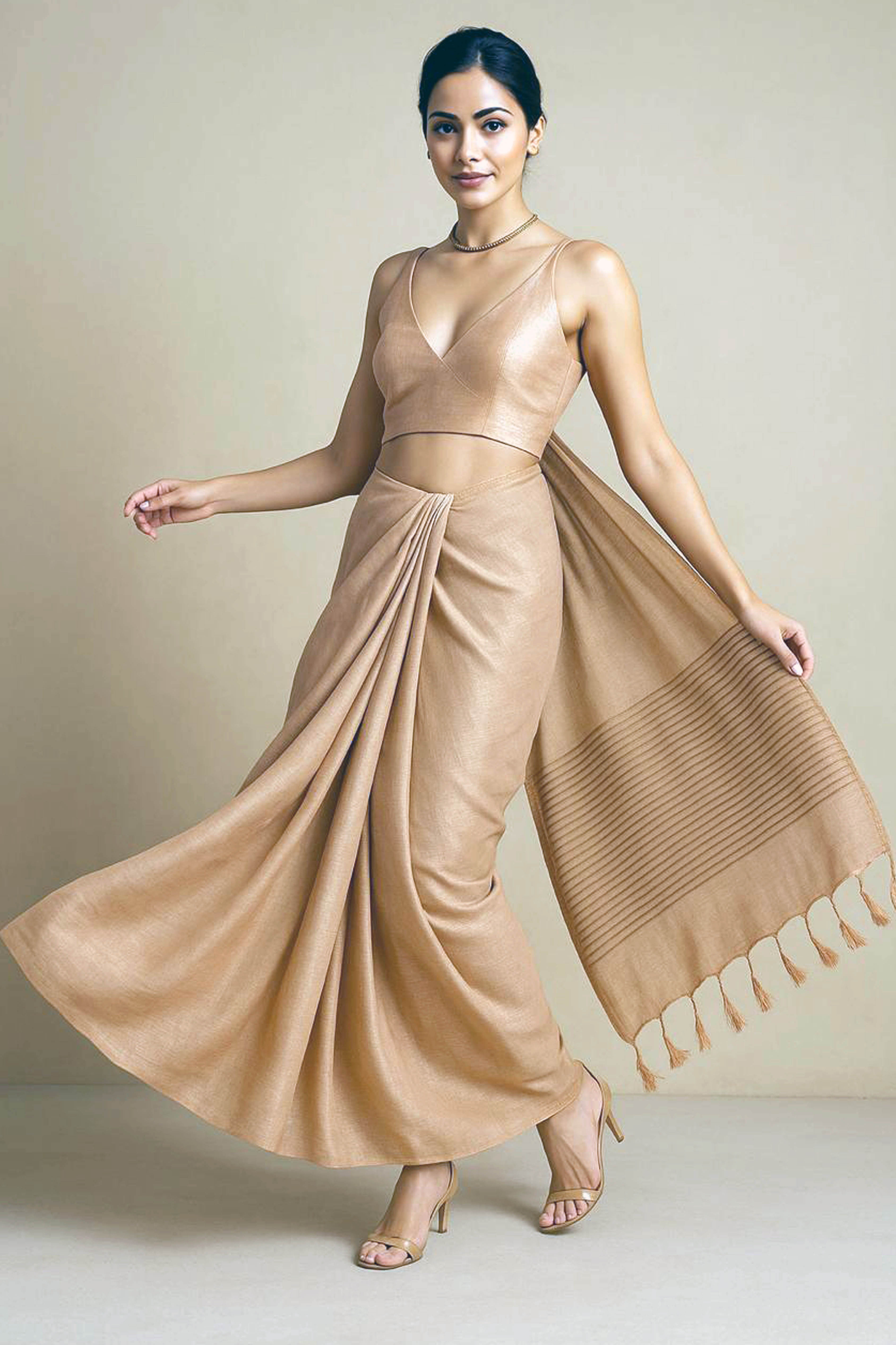 Rama Tissue Linen Saree in Butterscotch Gold - Indian Handloomz