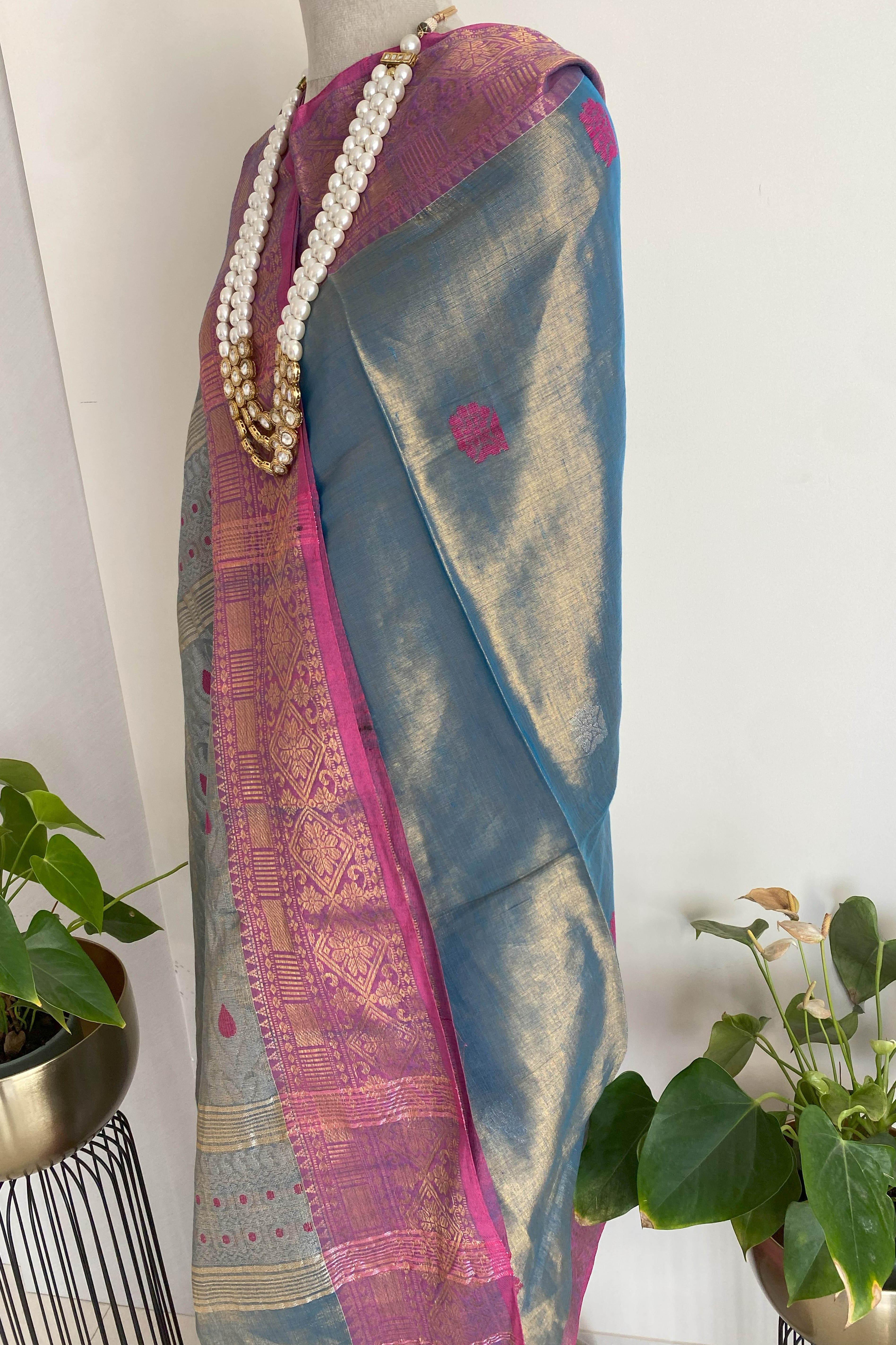 Netra Cotton Tissue Jamdani Saree in Bluish Grey Colour with Rani & Silver Buttas