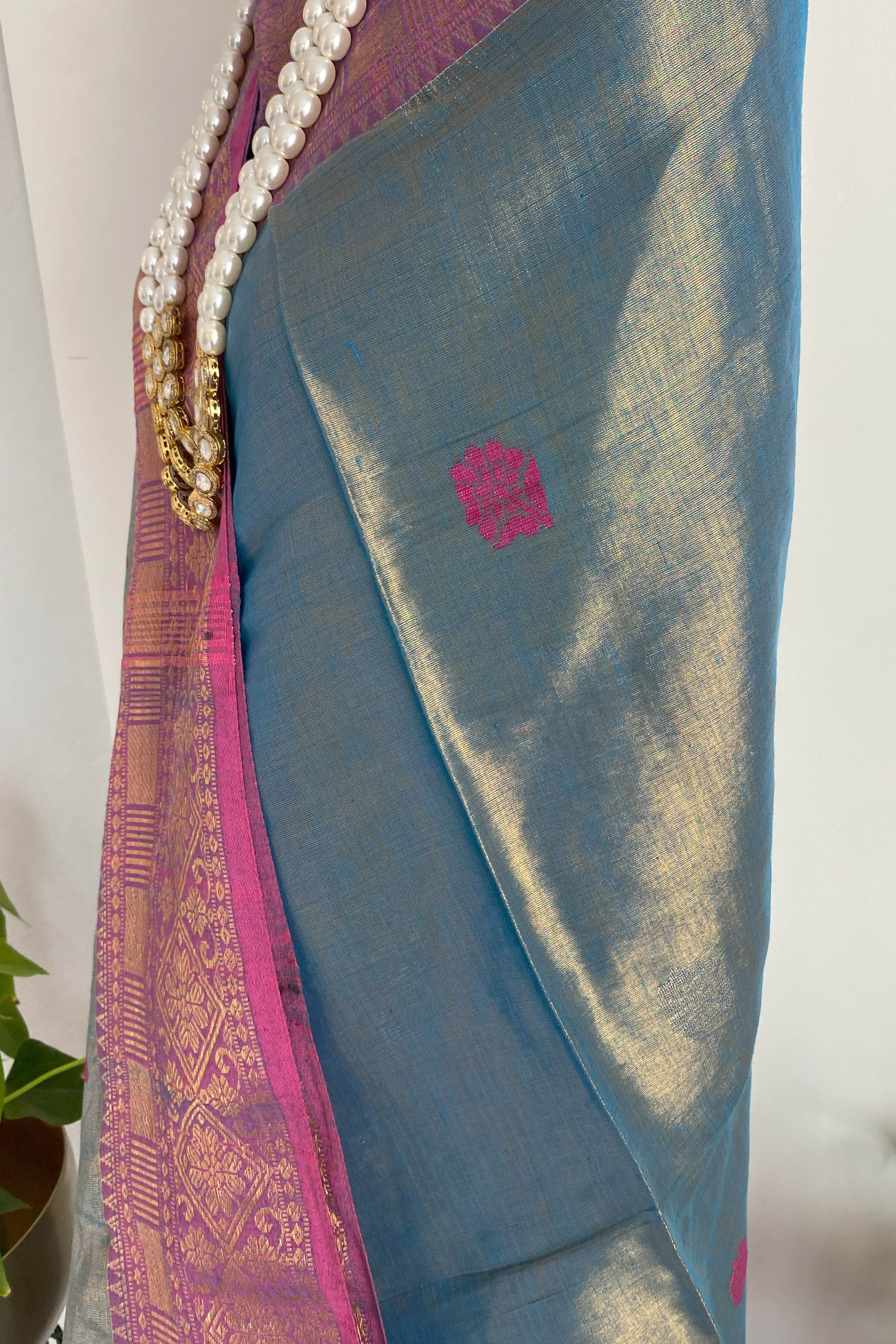 Netra Cotton Tissue Jamdani Saree in Bluish Grey Colour with Rani & Silver Buttas
