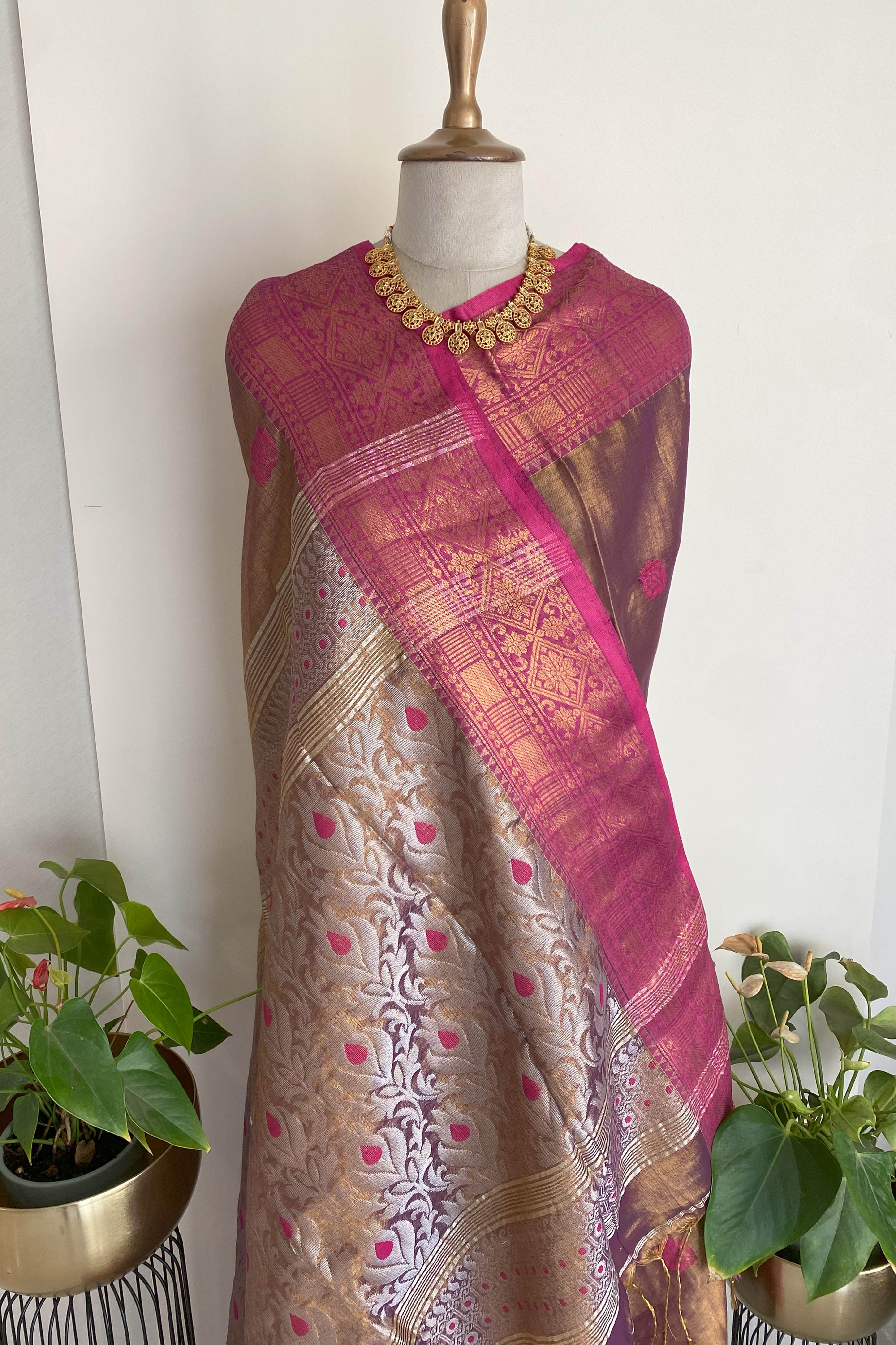 Reeva Cotton Tissue Jamdani Saree in Copper Brown Colour with Rani & Silver Buttas