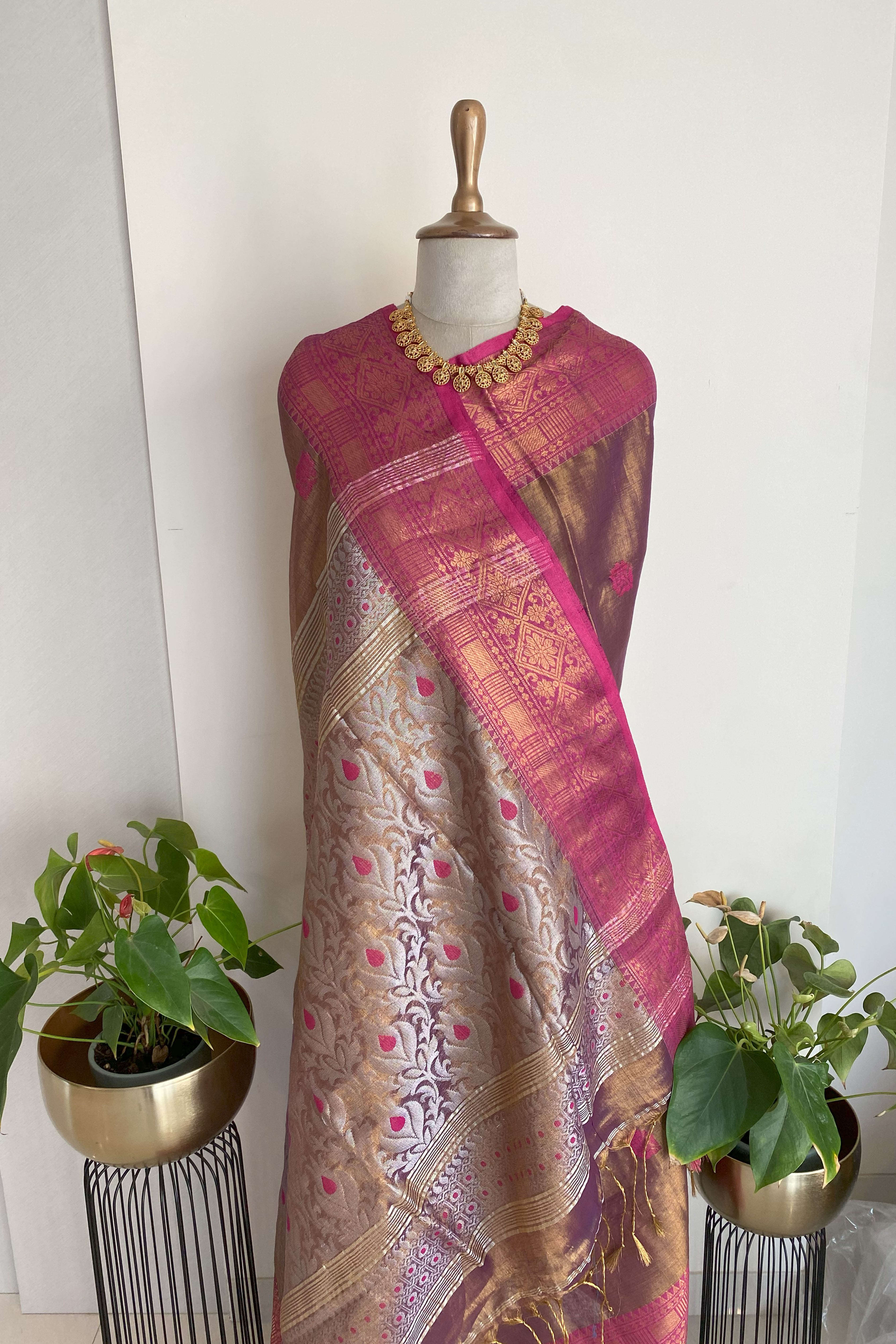 Reeva Cotton Tissue Jamdani Saree in Copper Brown Colour with Rani & Silver Buttas