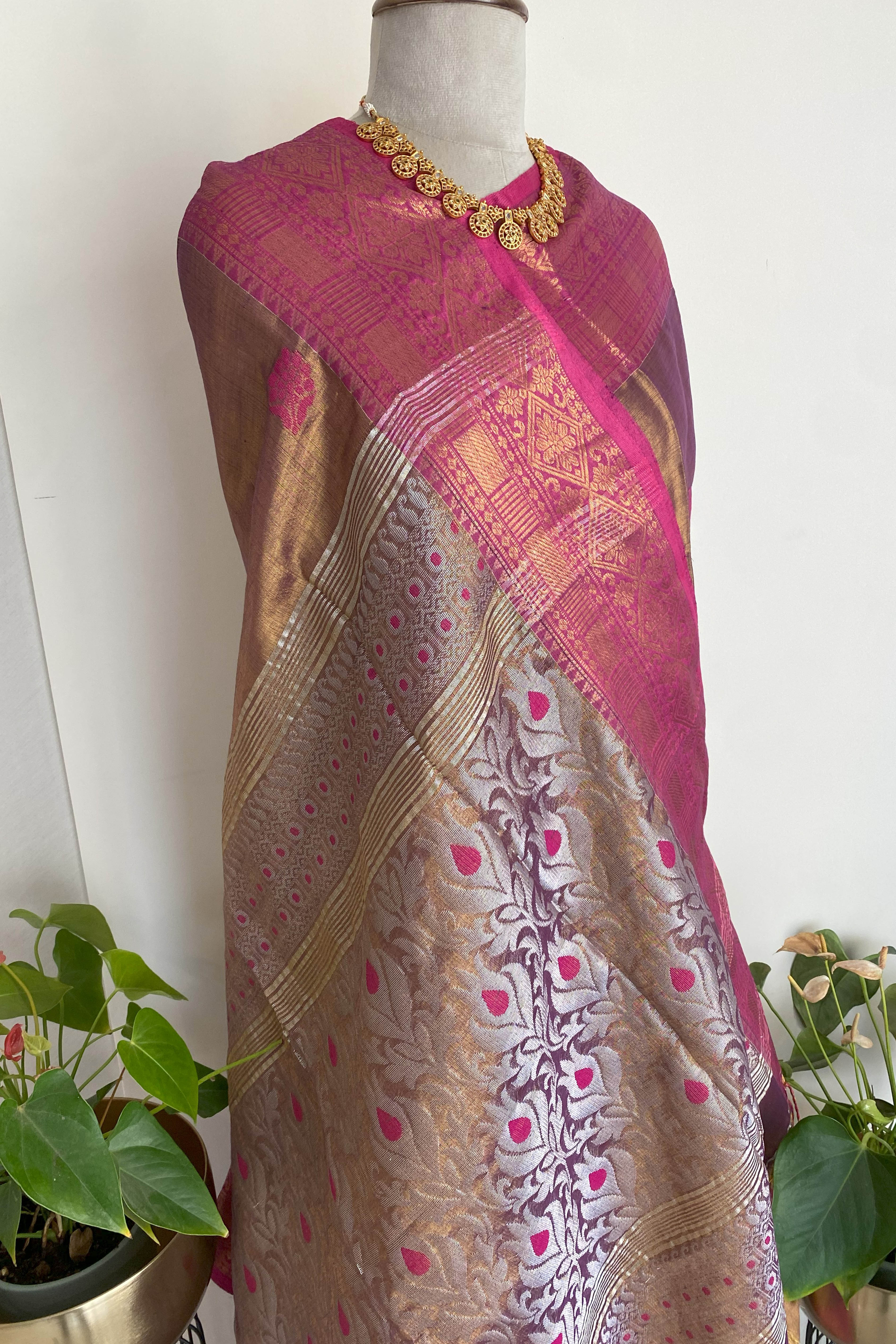 Reeva Cotton Tissue Jamdani Saree in Copper Brown Colour with Rani & Silver Buttas
