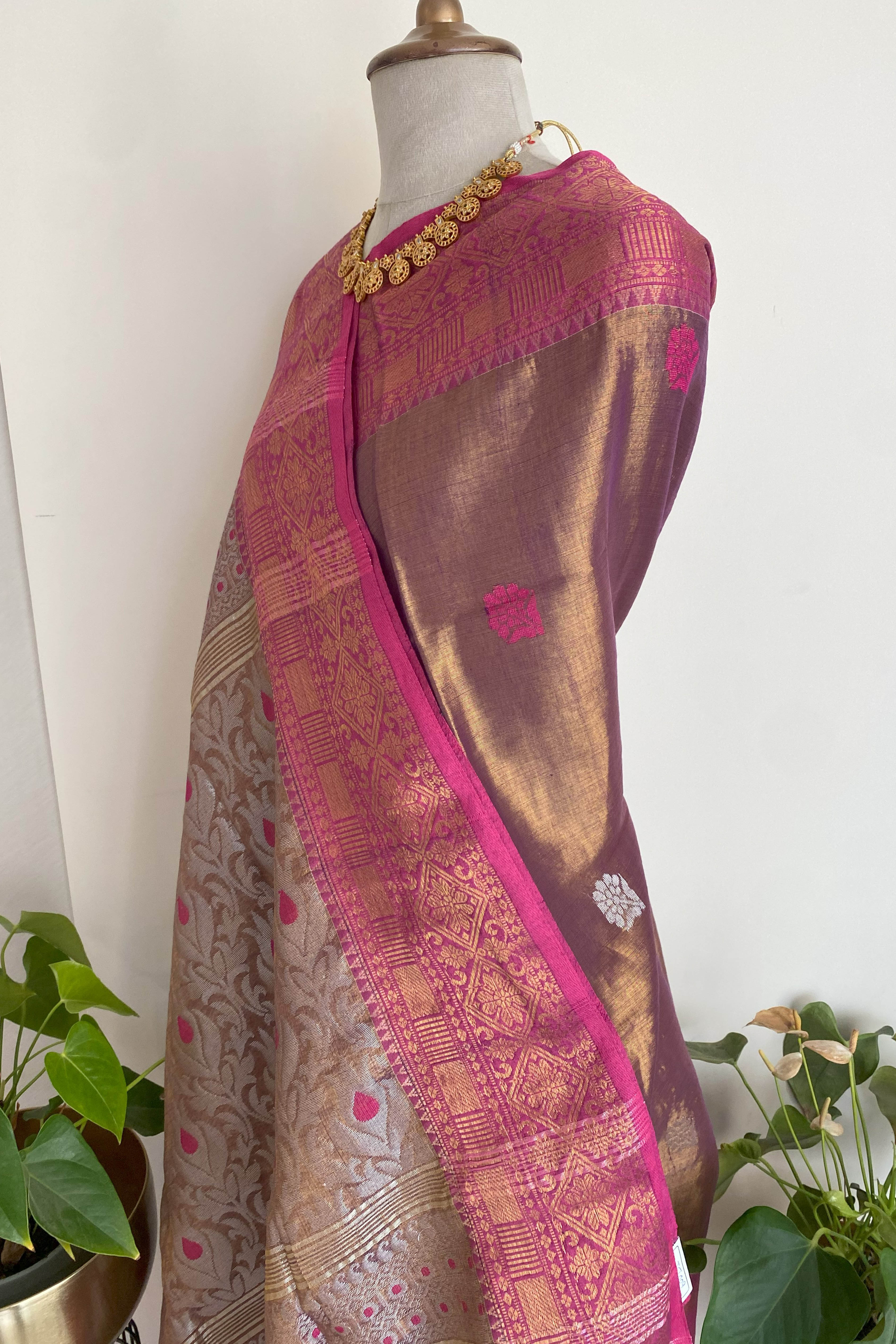 Reeva Cotton Tissue Jamdani Saree in Copper Brown Colour with Rani & Silver Buttas