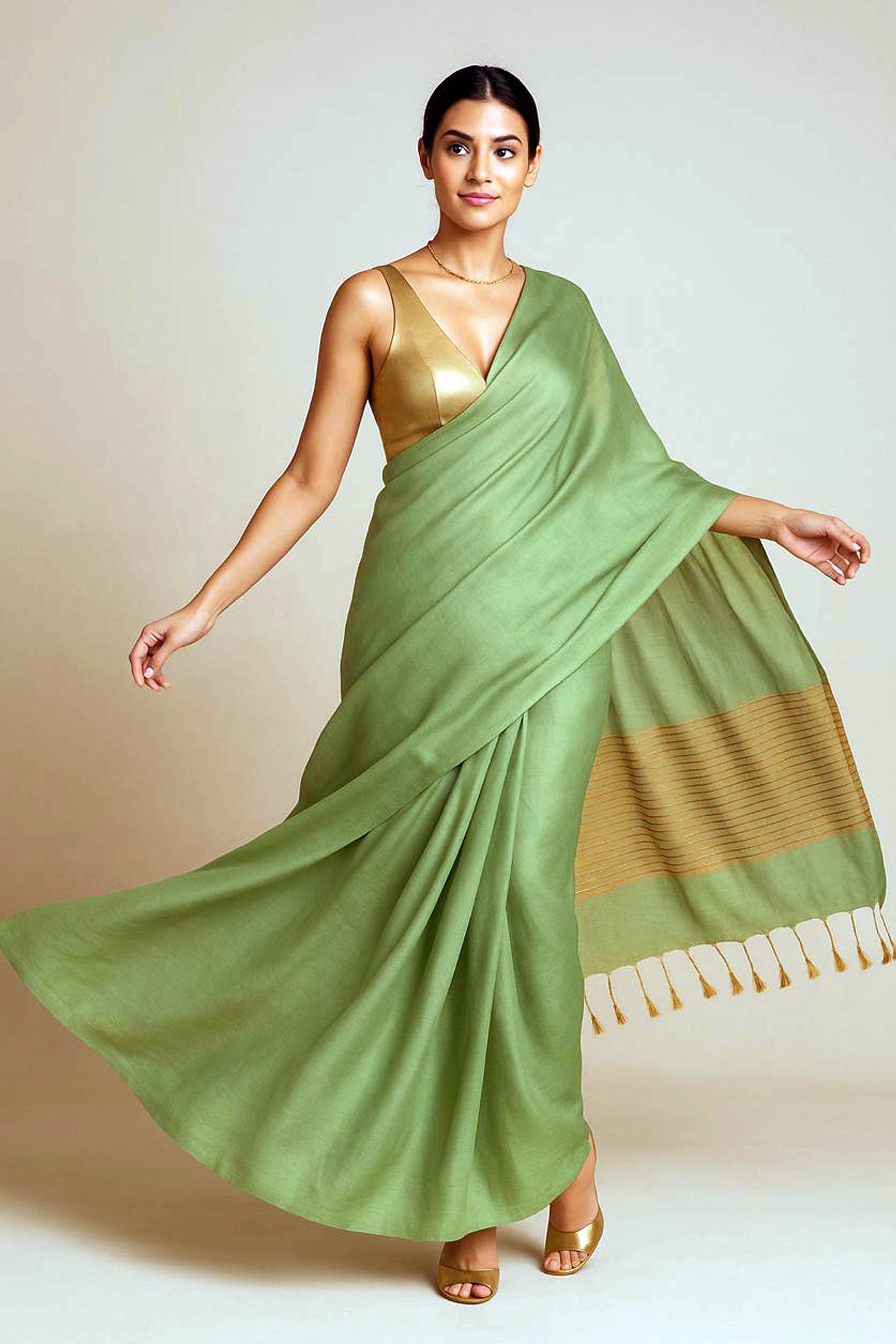 Revati Tissue Linen Saree in Moss Green - Indian Handloomz