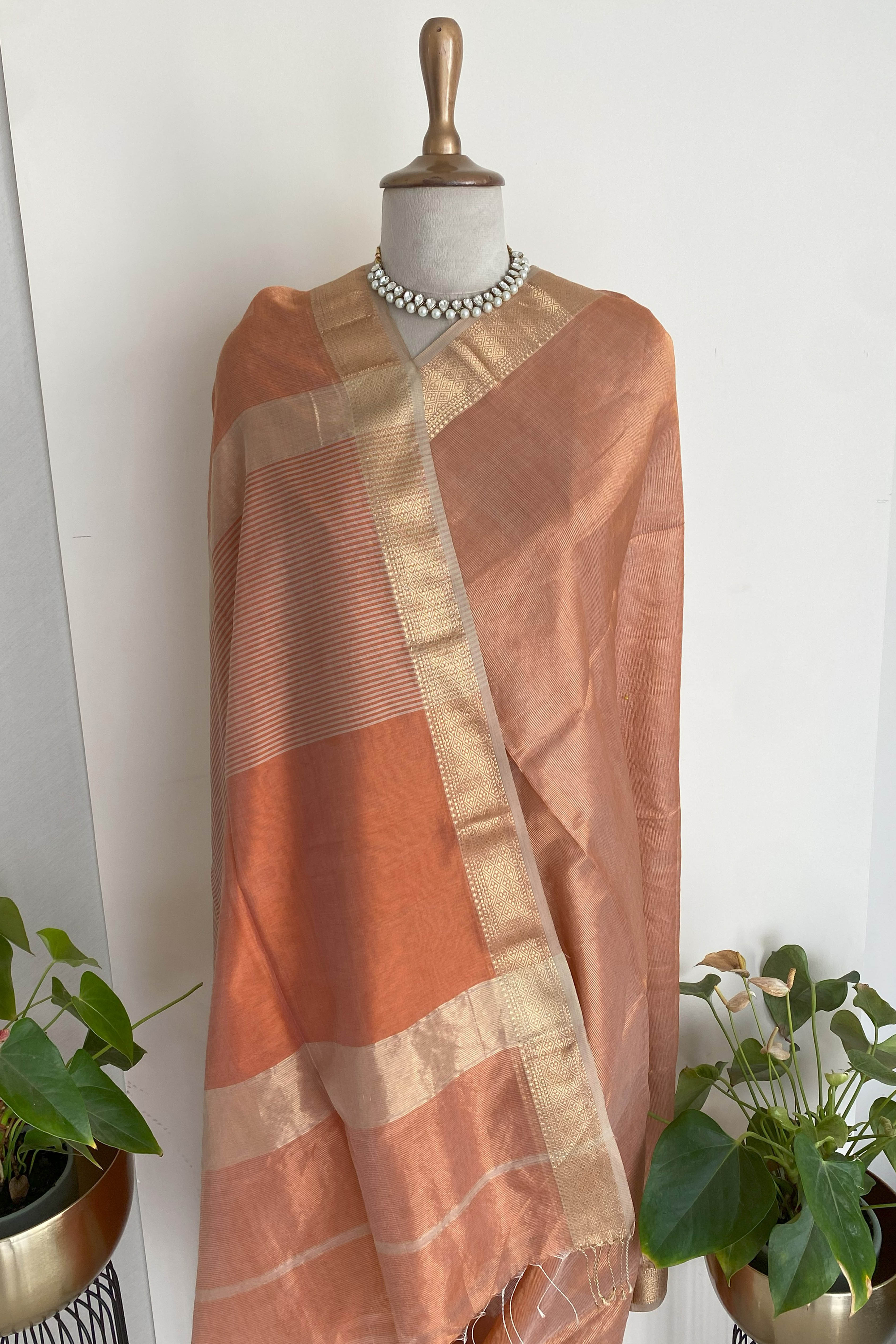 Shreyanshi Maheshwari Silk Cotton Tissue Saree in Copper Colour with Chatai Border