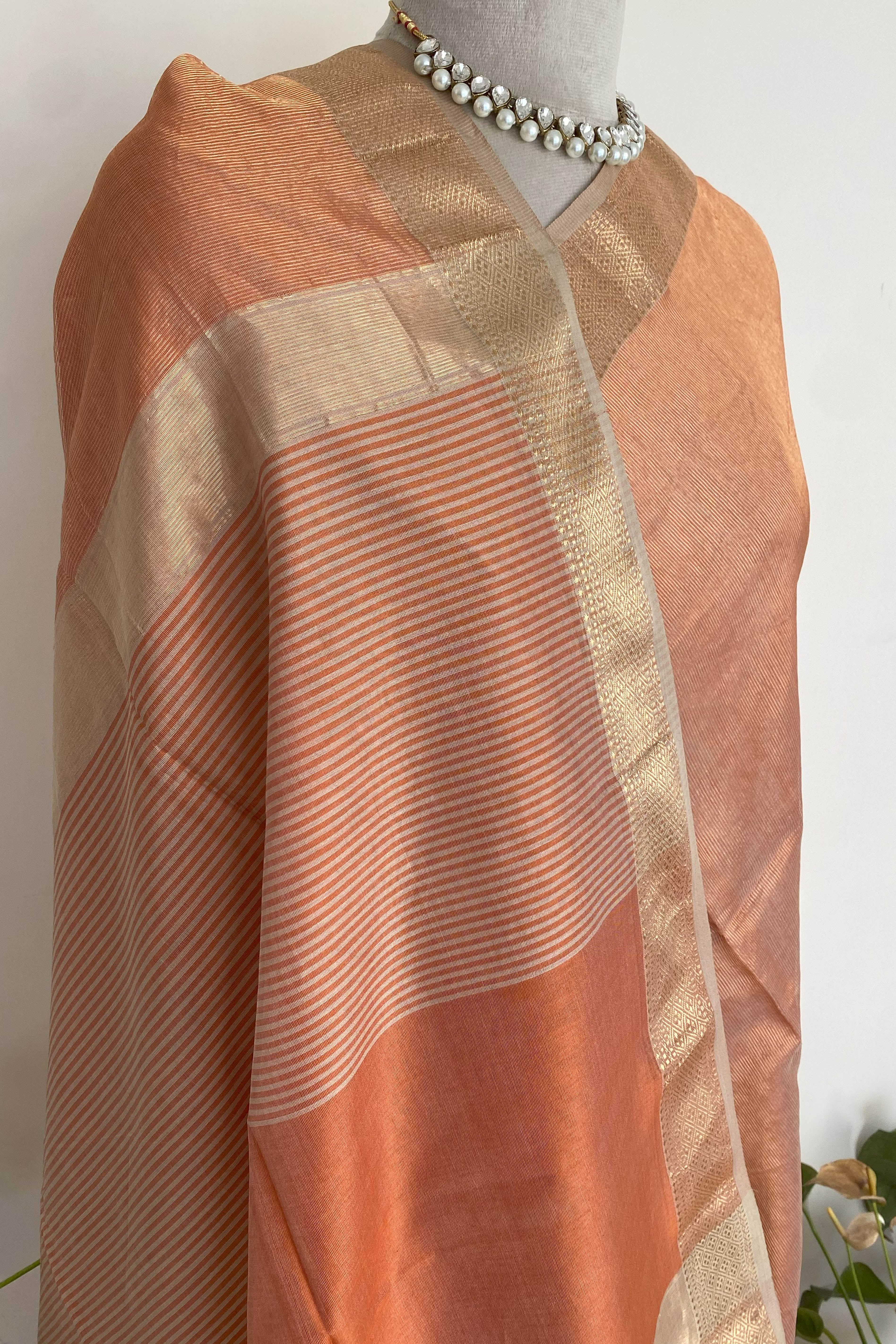 Shreyanshi Maheshwari Silk Cotton Tissue Saree in Copper Colour with Chatai Border