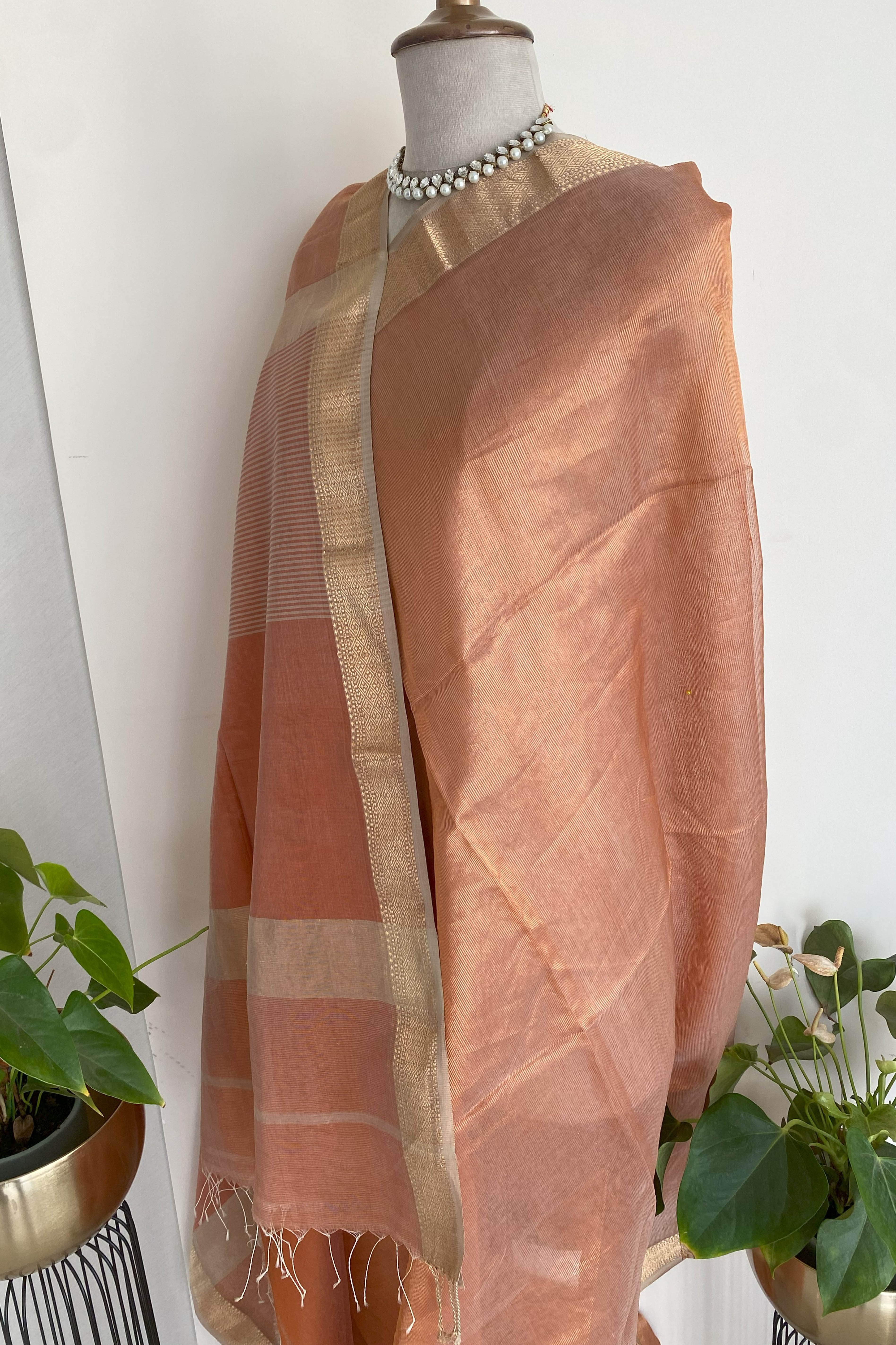 Shreyanshi Maheshwari Silk Cotton Tissue Saree in Copper Colour with Chatai Border