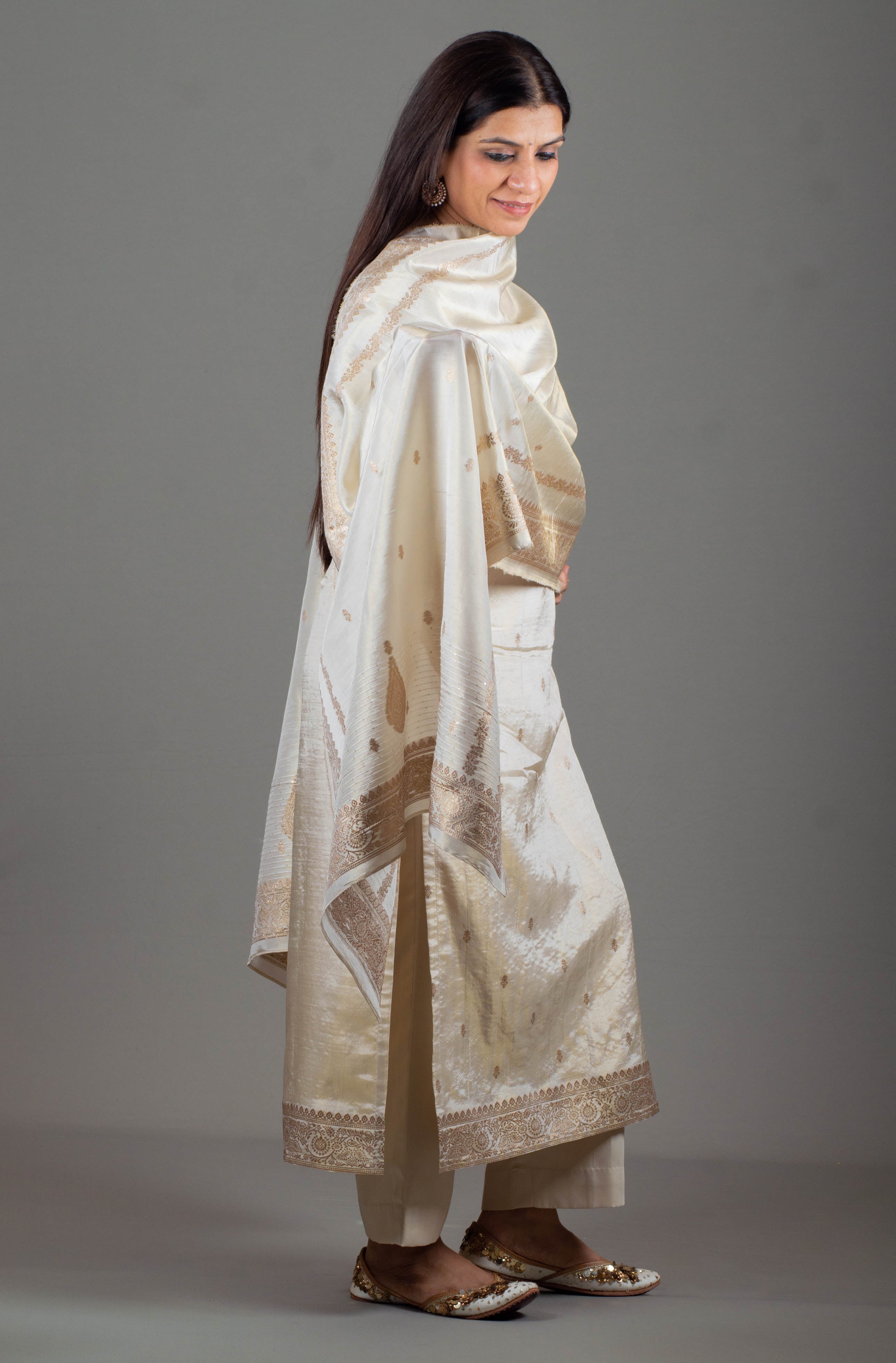 Bansi Pure Banarasi Moonga Silk Unstitched Suit Set in Off-white Base with Meenakari Copper Zari Work - Indian Handloomz
