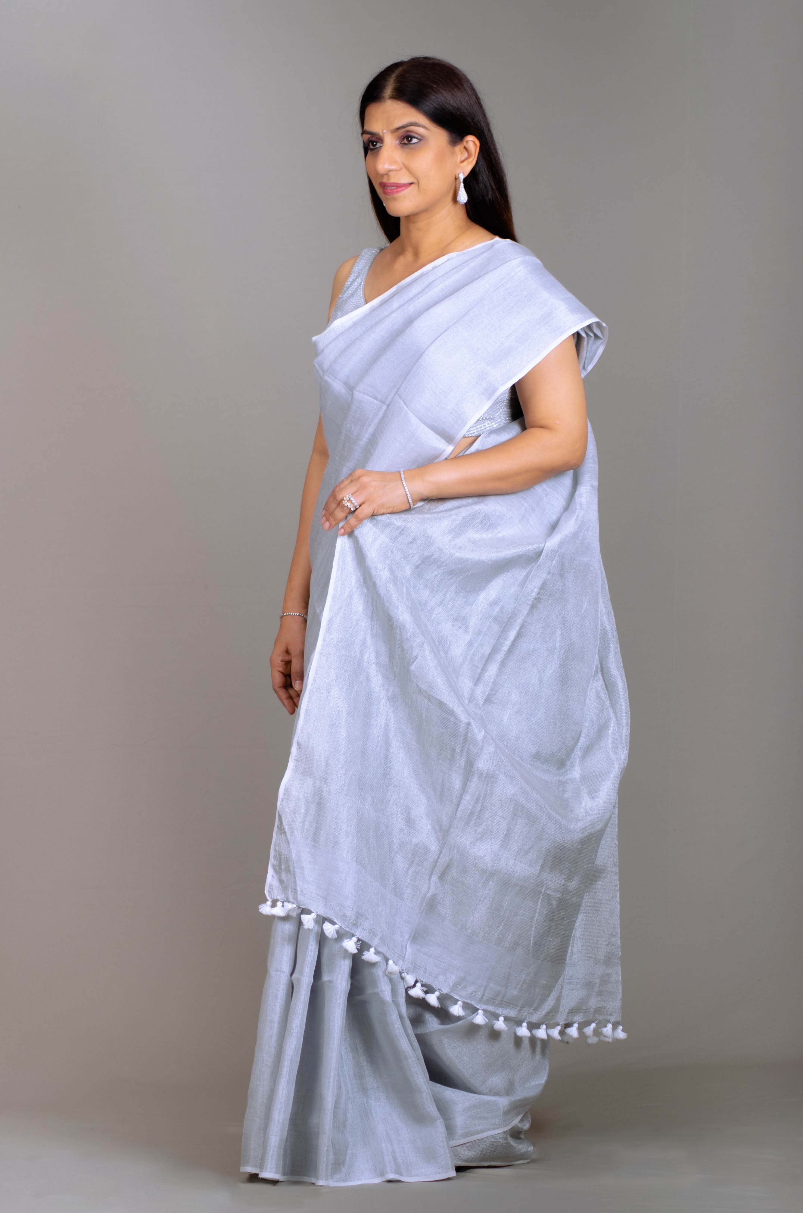 Adhira Pure Tissue Linen Saree in Silver Grey Misty Colour - Indian Handloomz