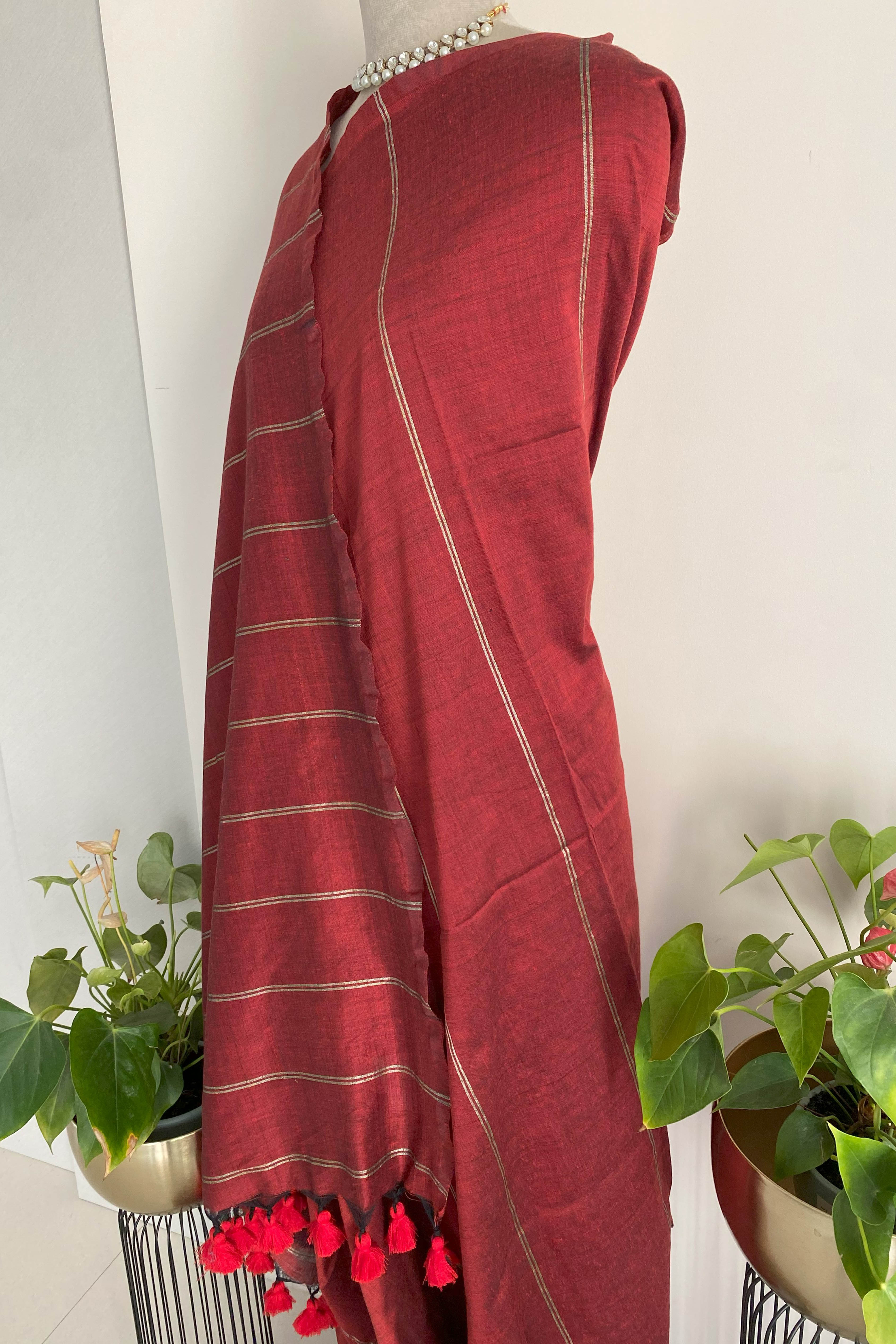 Rohini Pure Cotton Red Saree with Gold Stripes