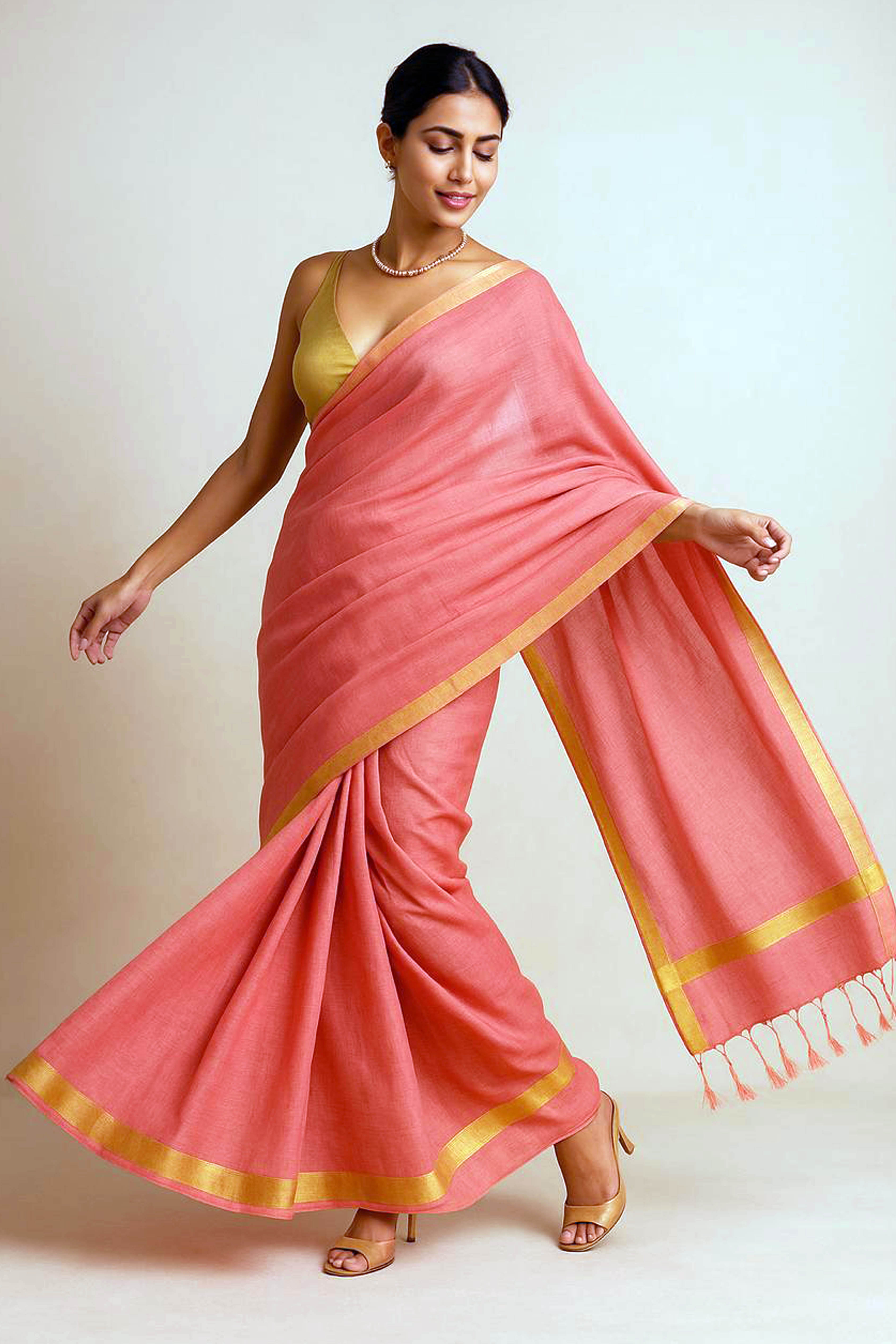 Purna Kota Cotton Saree in Light Pink Colour with Golden Border - Indian Handloomz