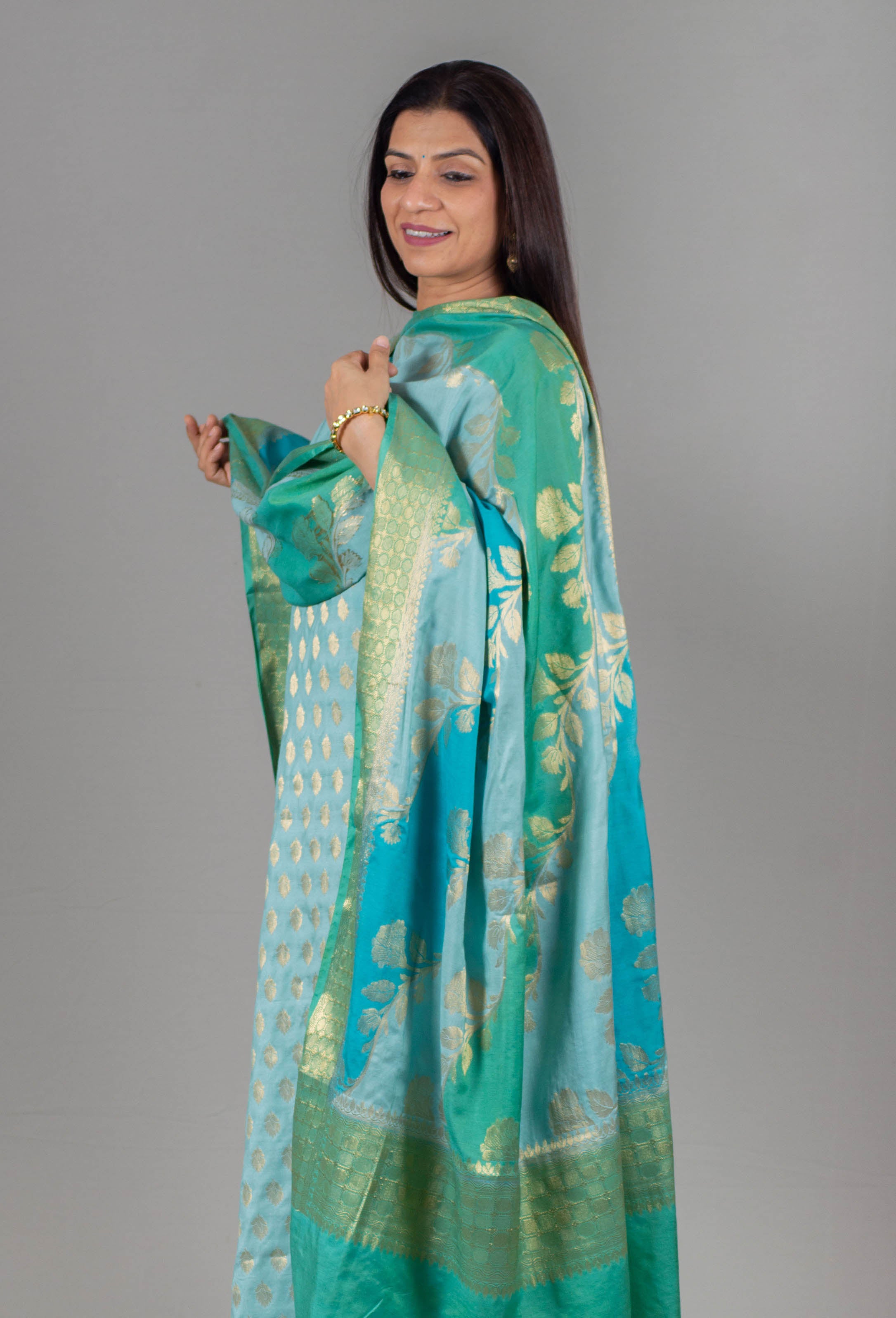 Mehak Pure Banarasi Rangkat Silk Unstitched Suit Set in Aquamarine Allure Colour - Indian Handloomz