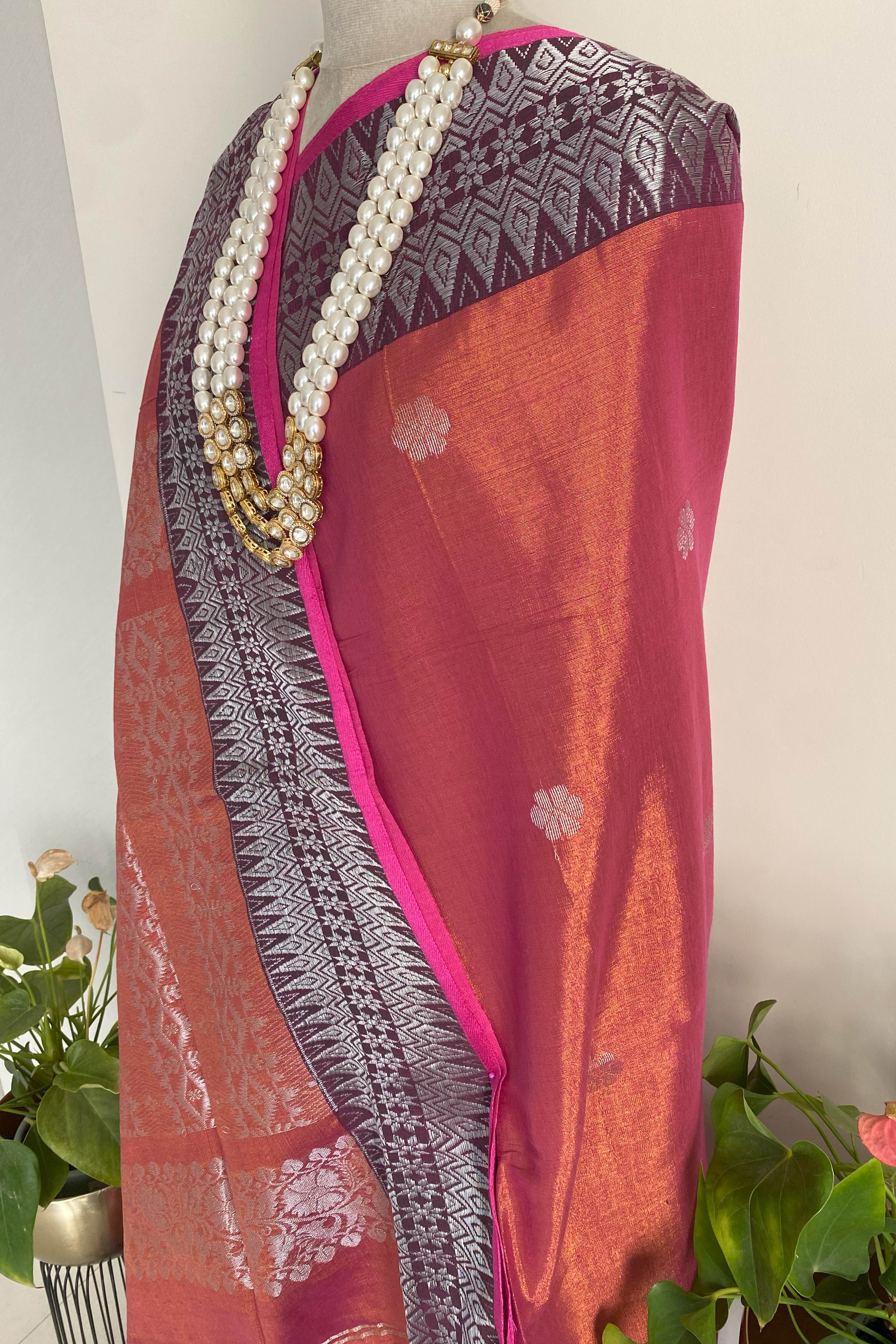 Surkhi Tissue Linen Saree with Banarasi Weave in Two Tone Shades of Reddish Pink with Golden