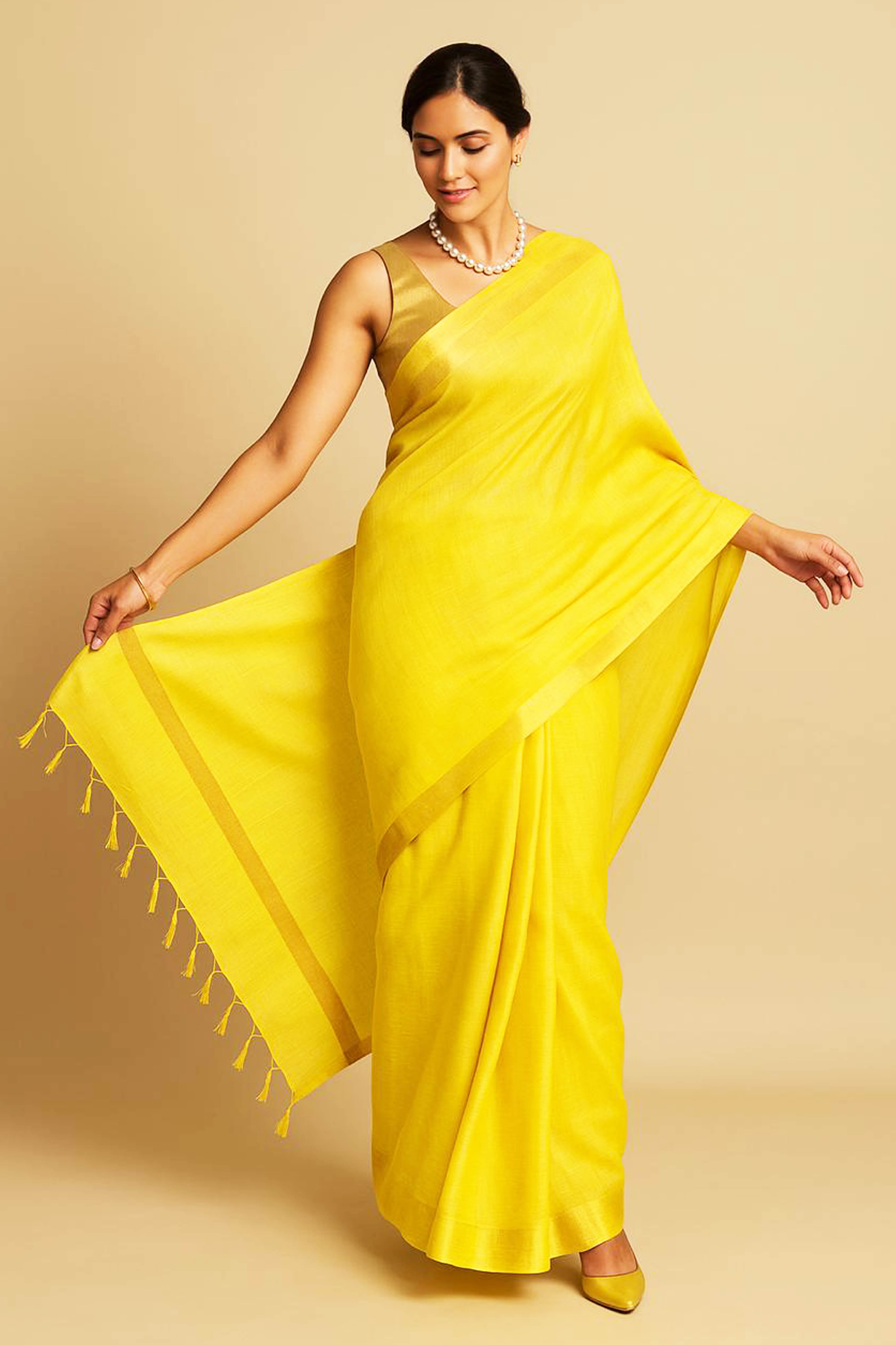 Aashvi Kota Cotton Saree in Yellow Colour with Golden Border - Indian Handloomz