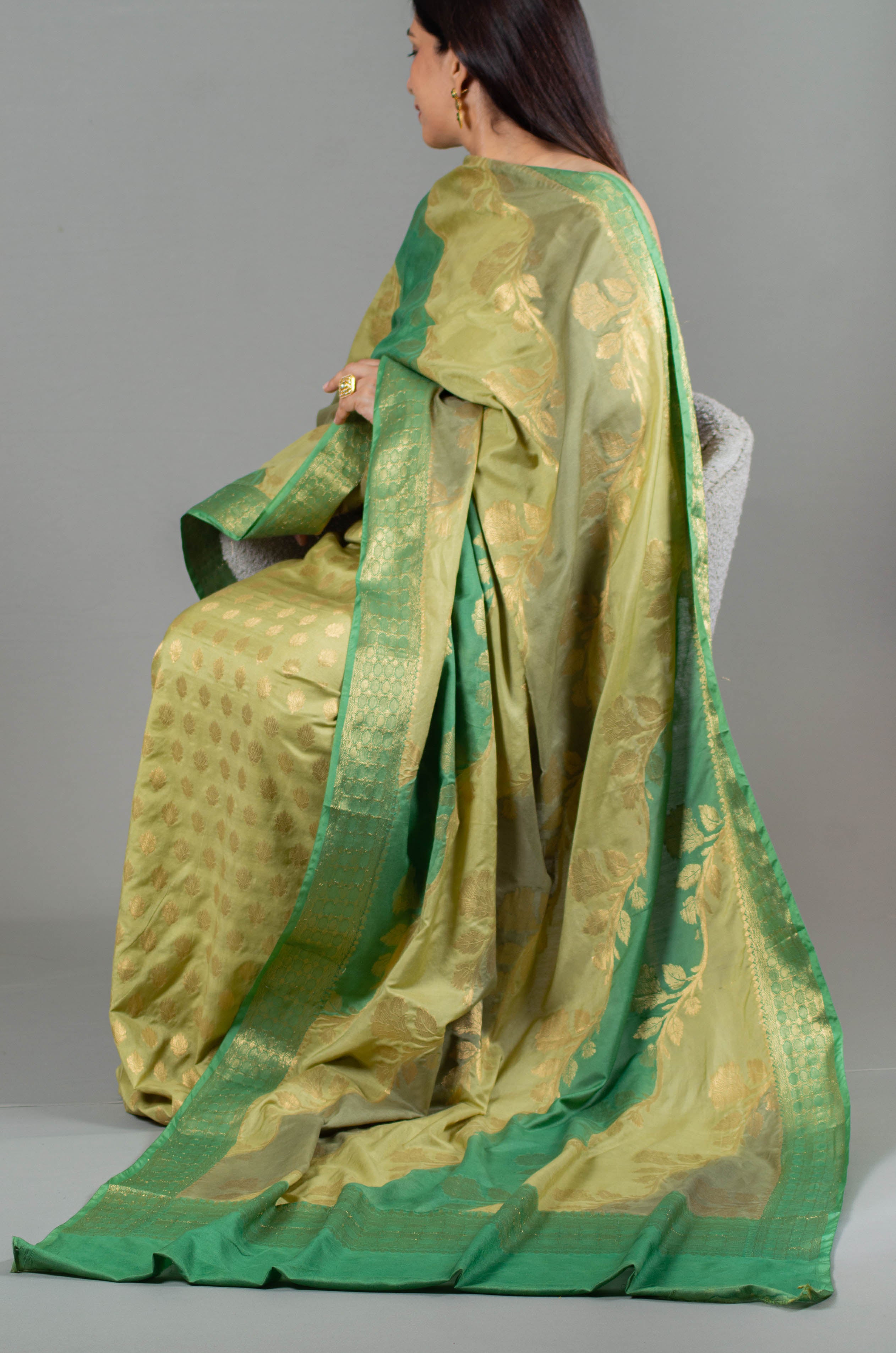 Bella Pure Banarasi Rangkat Unstitched Suit Set in Golden Green Harmony Colour - Indian Handloomz