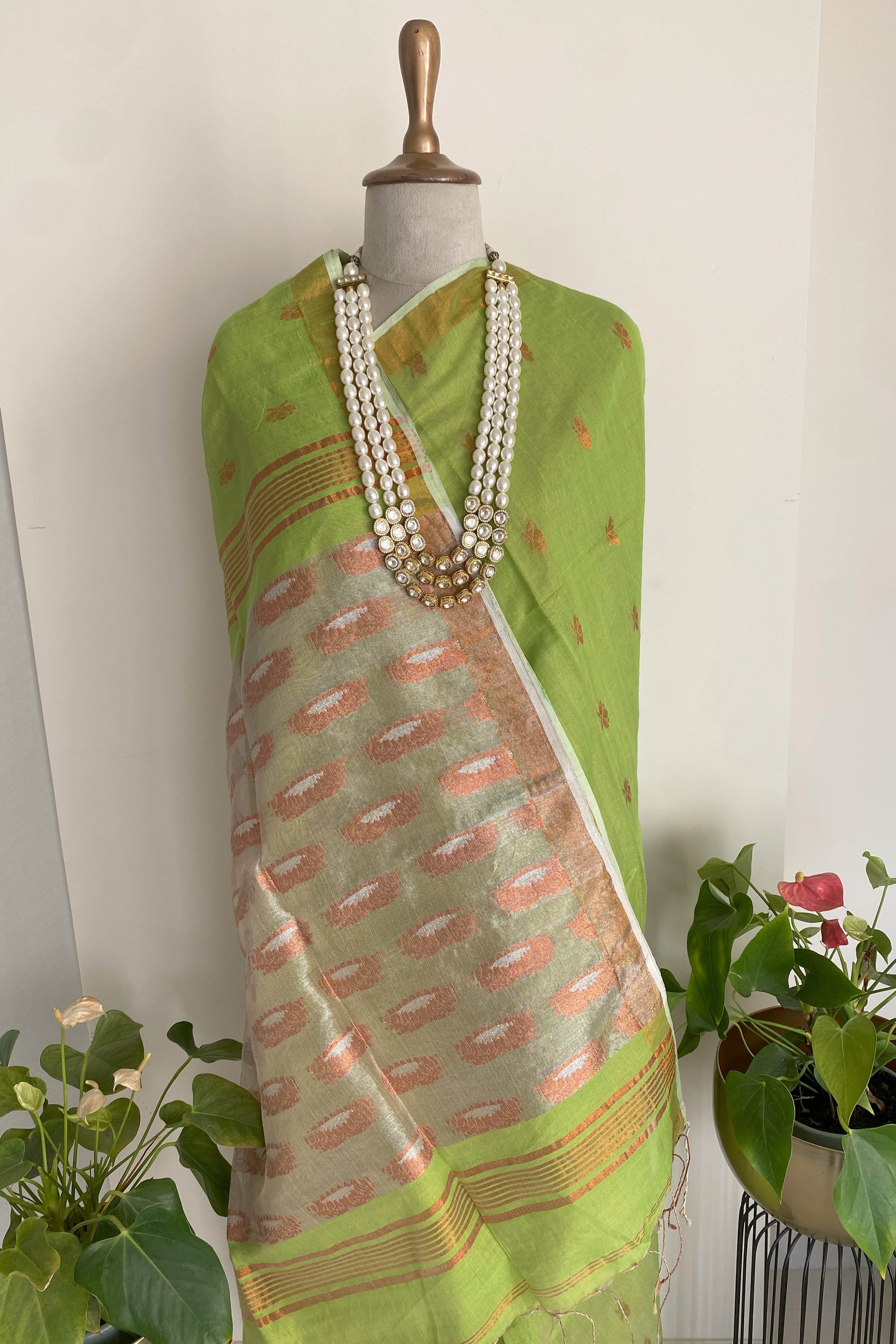 Haritah Jamdani Cotton Tissue Saree in Parrot Green