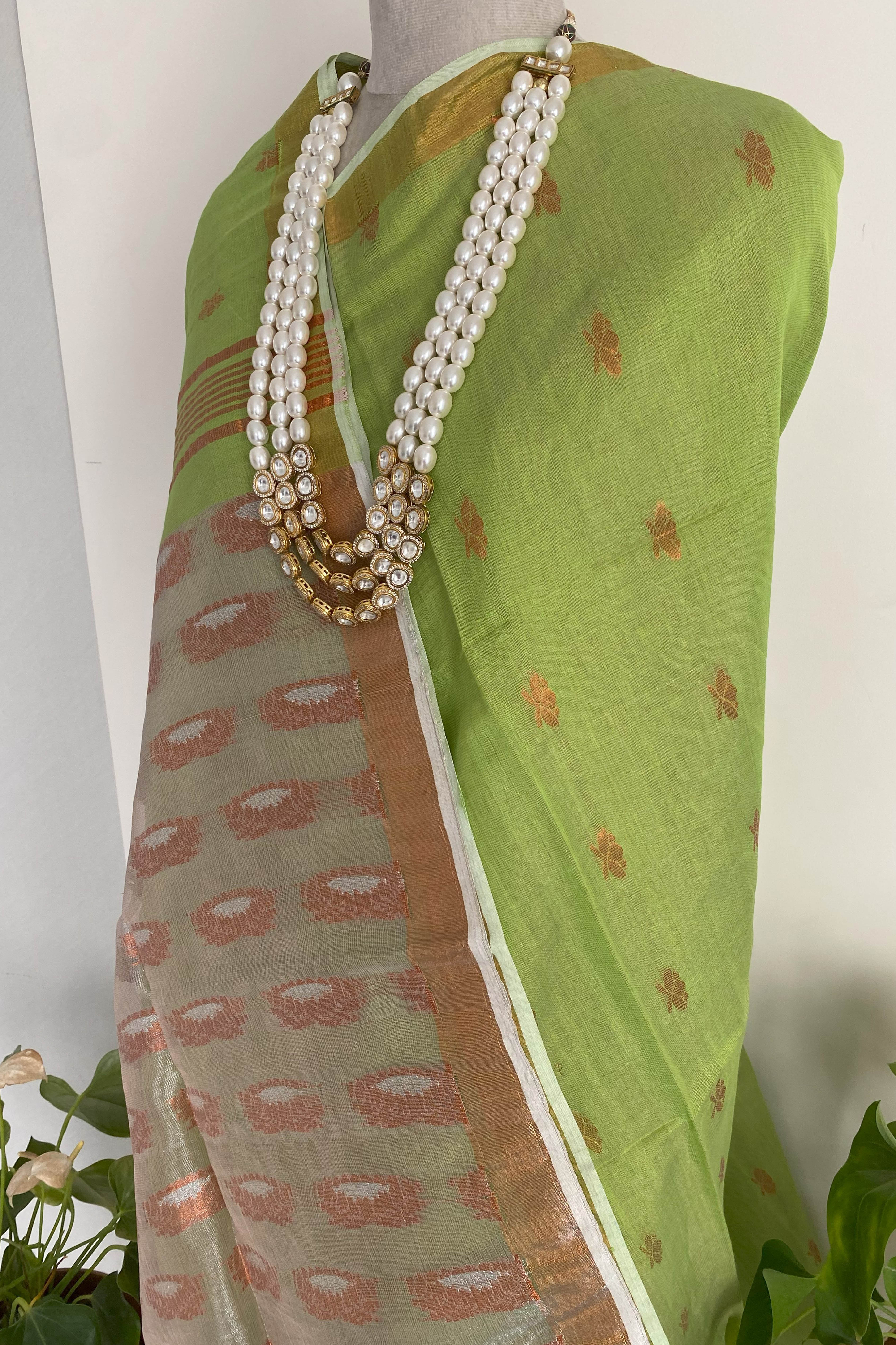 Haritah Jamdani Cotton Tissue Saree in Parrot Green