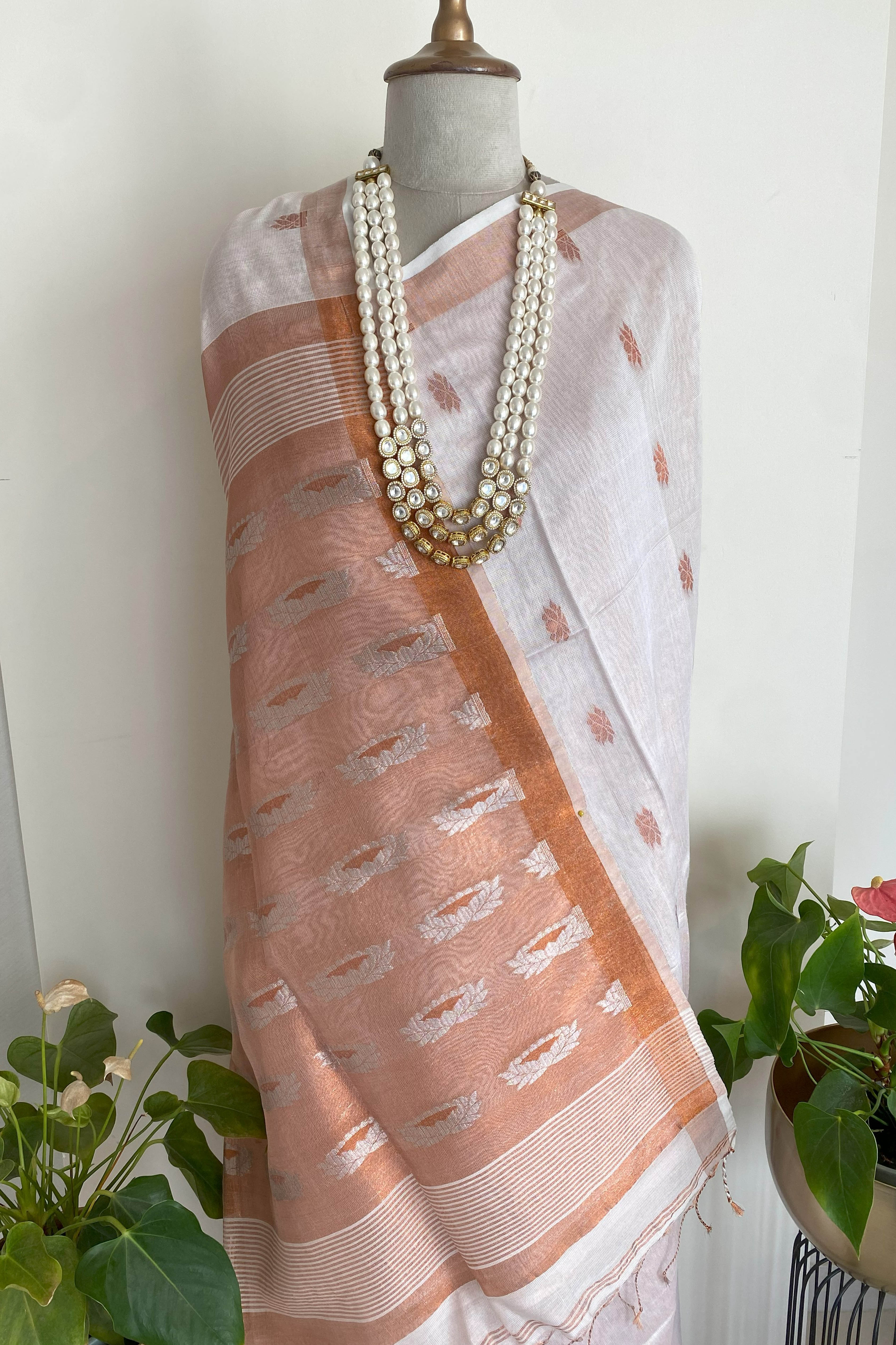 Padma Jamdani Cotton Tissue Saree in White with Copper Pallu & Border