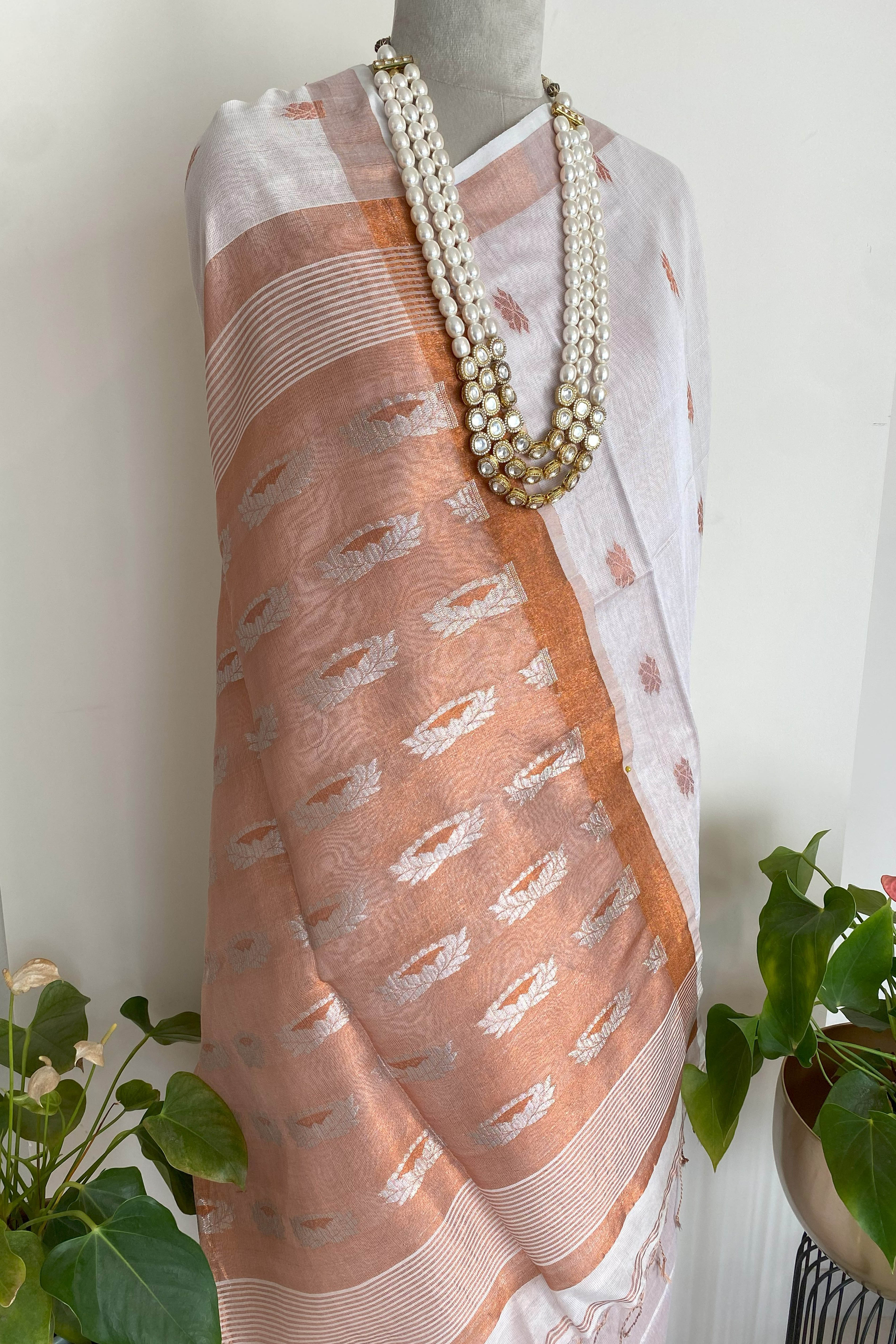 Padma Jamdani Cotton Tissue Saree in White with Copper Pallu & Border