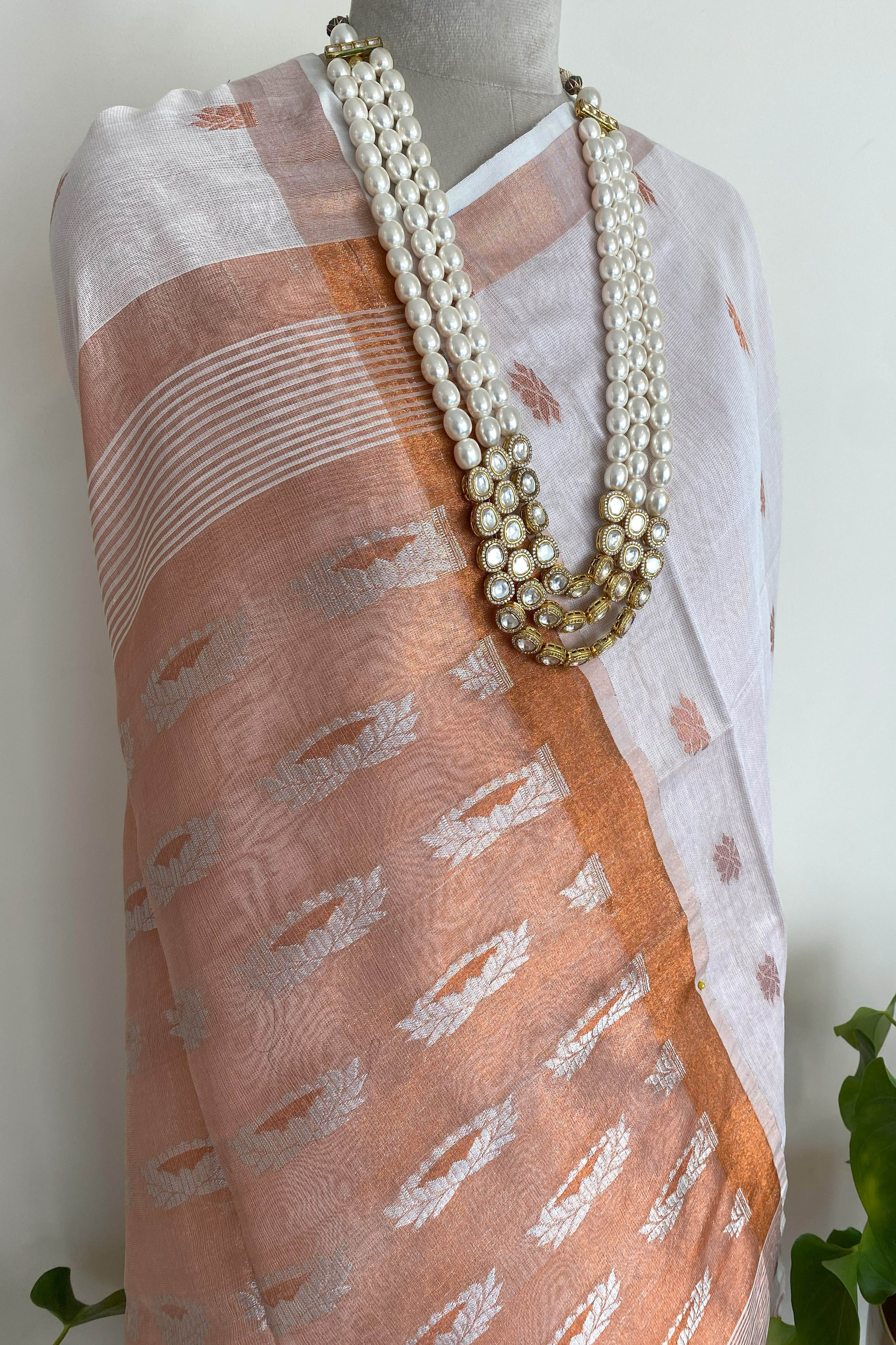 Padma Jamdani Cotton Tissue Saree in White with Copper Pallu & Border