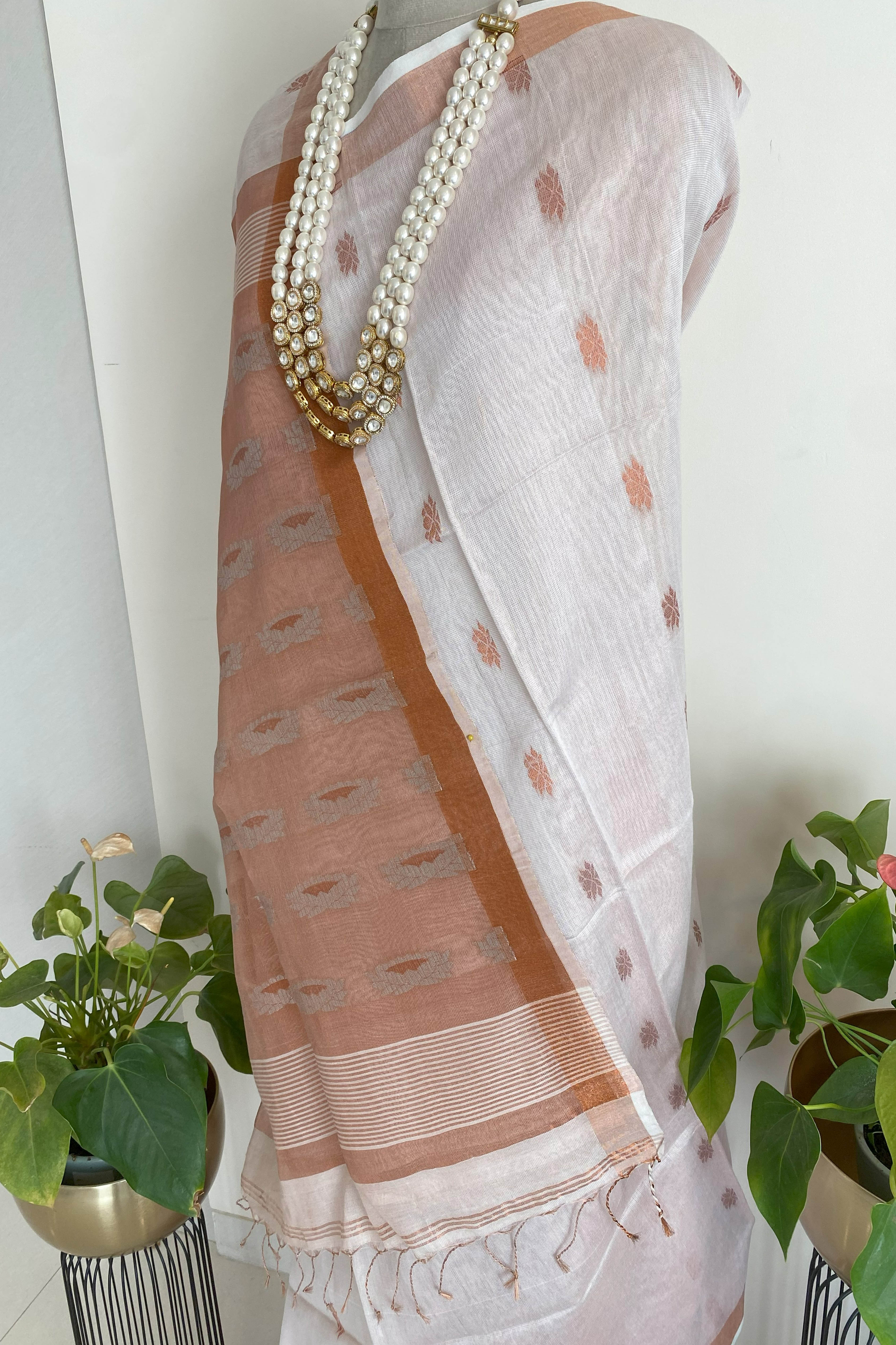 Padma Jamdani Cotton Tissue Saree in White with Copper Pallu & Border