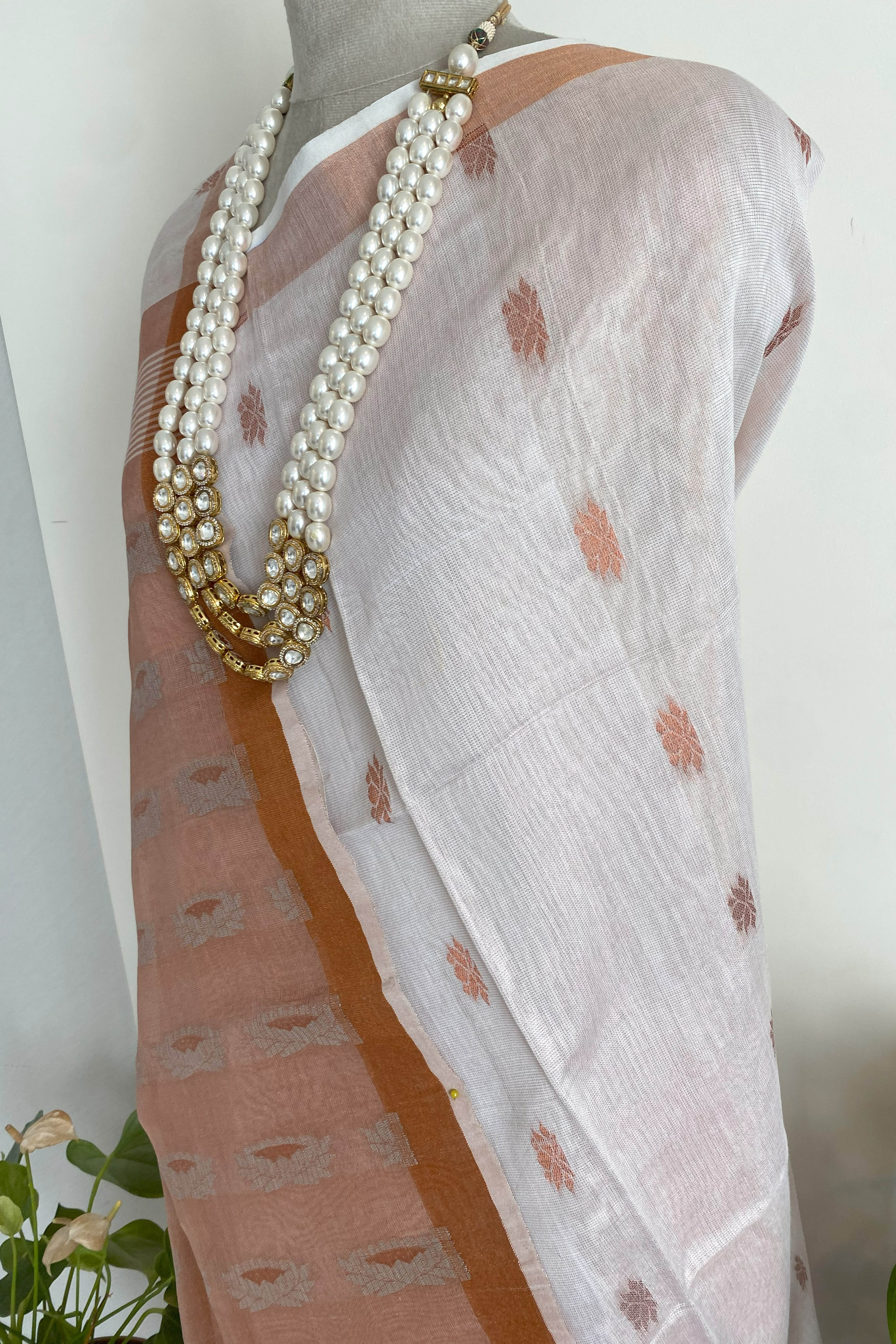 Padma Jamdani Cotton Tissue Saree in White with Copper Pallu & Border