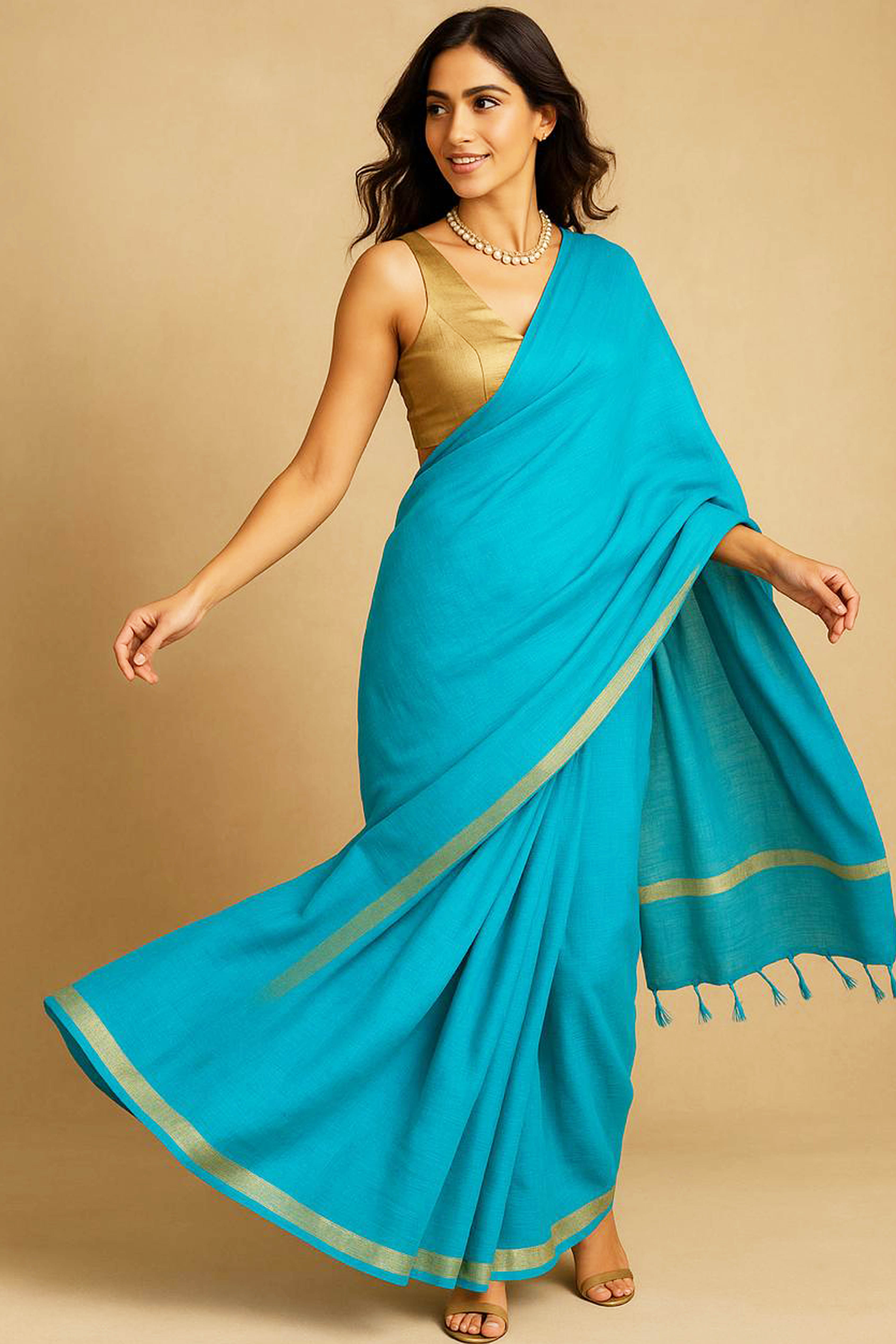 Dhwani Kota Silk Saree in Peacock Blue Colour with Golden Border - Indian Handloomz