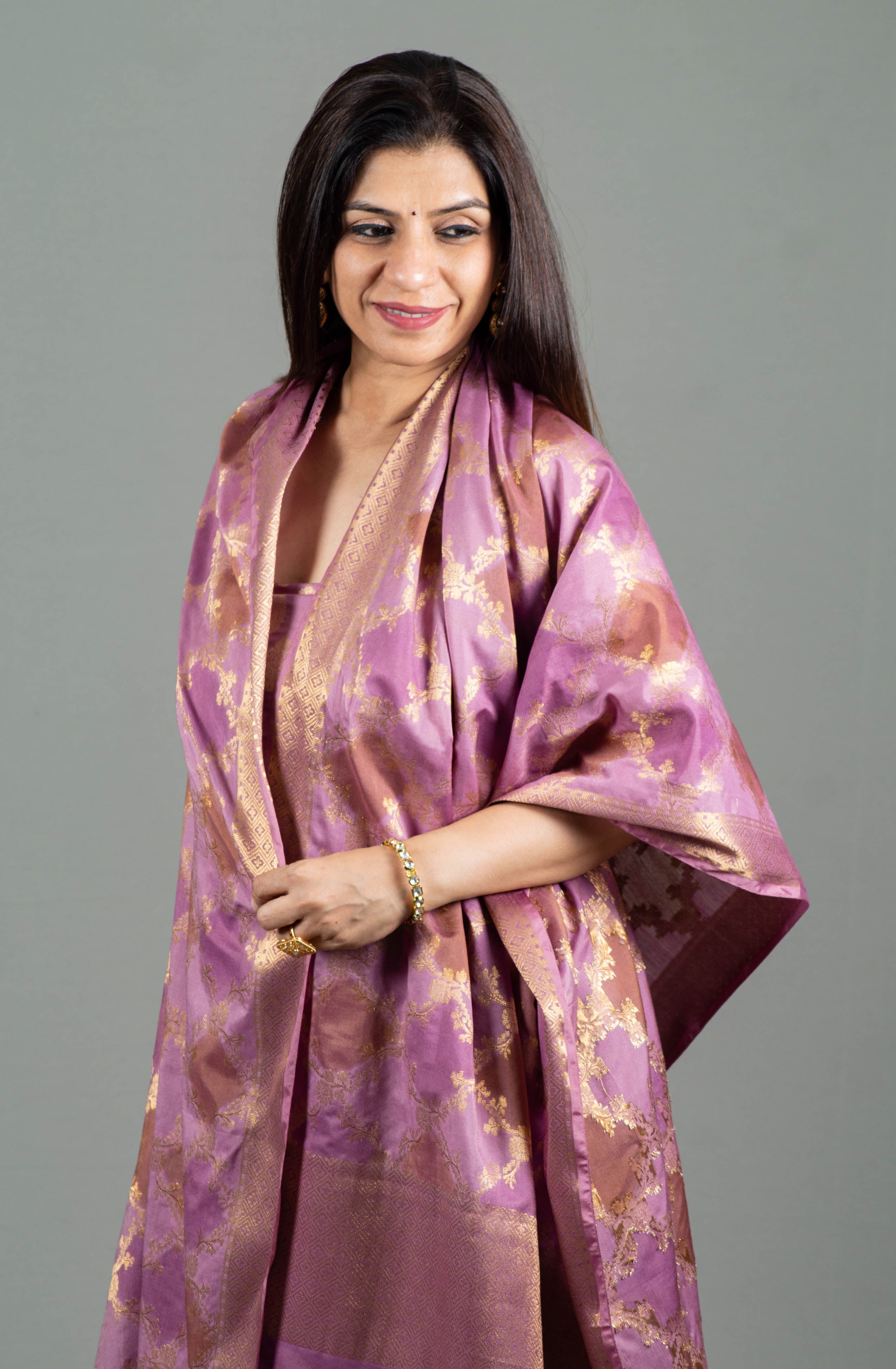 Prakriti Pure Banarasi Rangkat Silk Unstitched Suit Set in Majestic Mauve Colour - Indian Handloomz