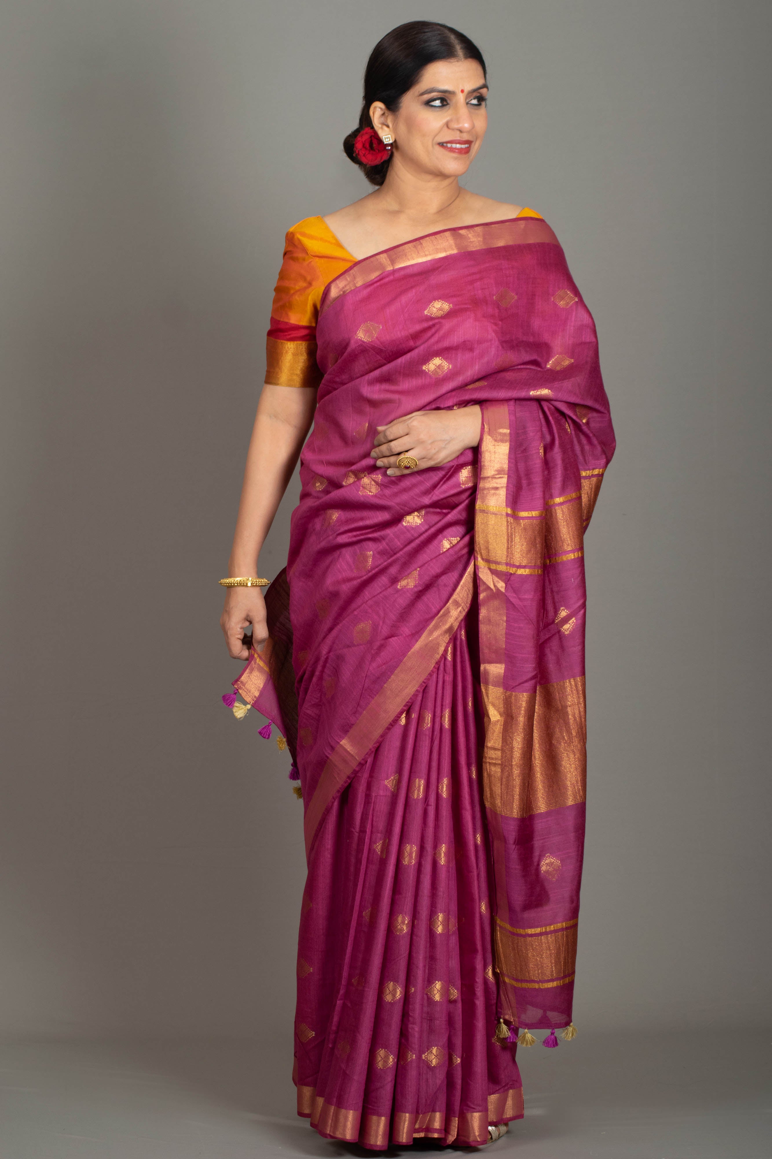 Saundarya Banarasi Silk Saree in Raspberry Pink & Golden Colour - Indian Handloomz