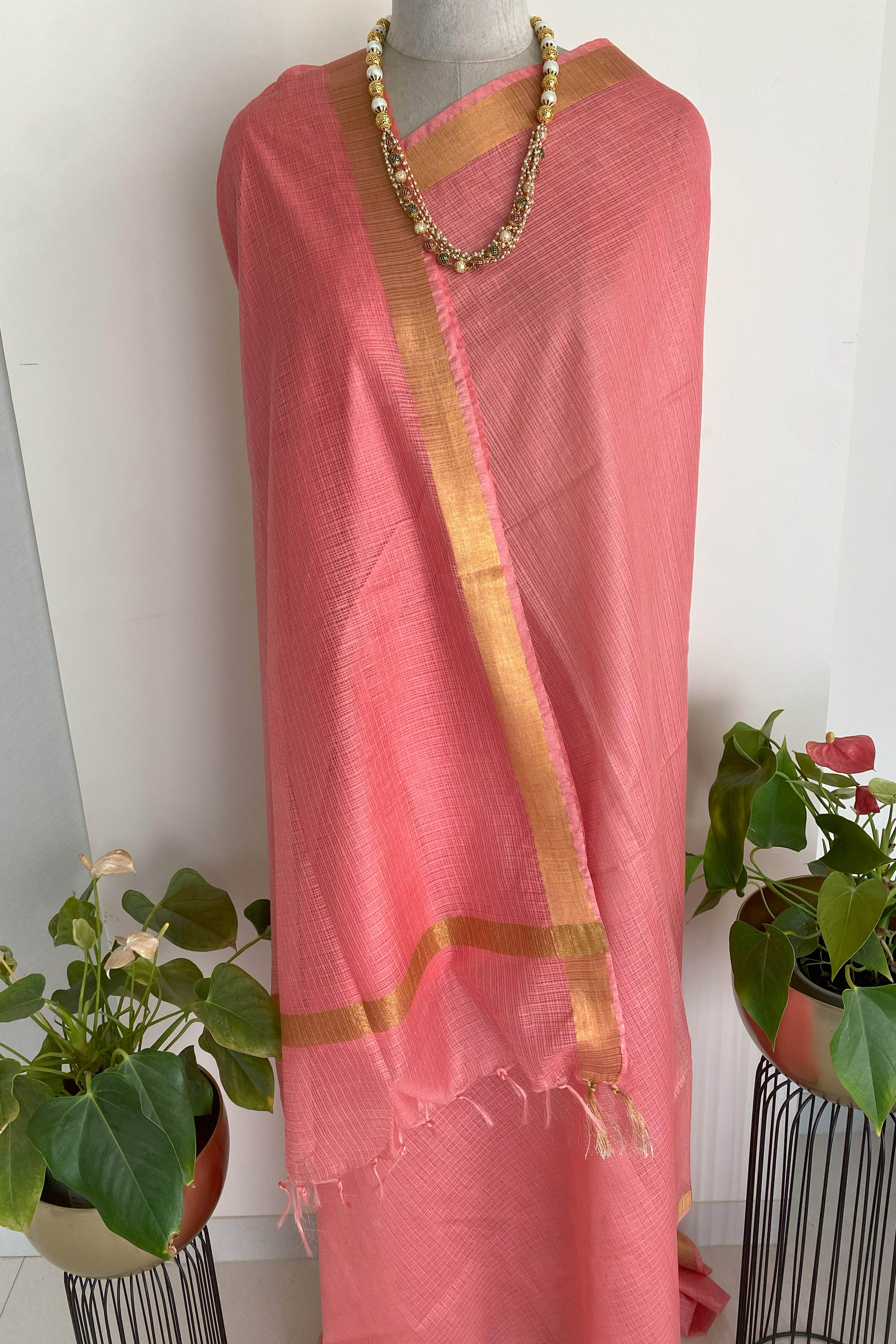 Purna Kota Cotton Saree in Light Pink Colour with Golden Border - Indian Handloomz