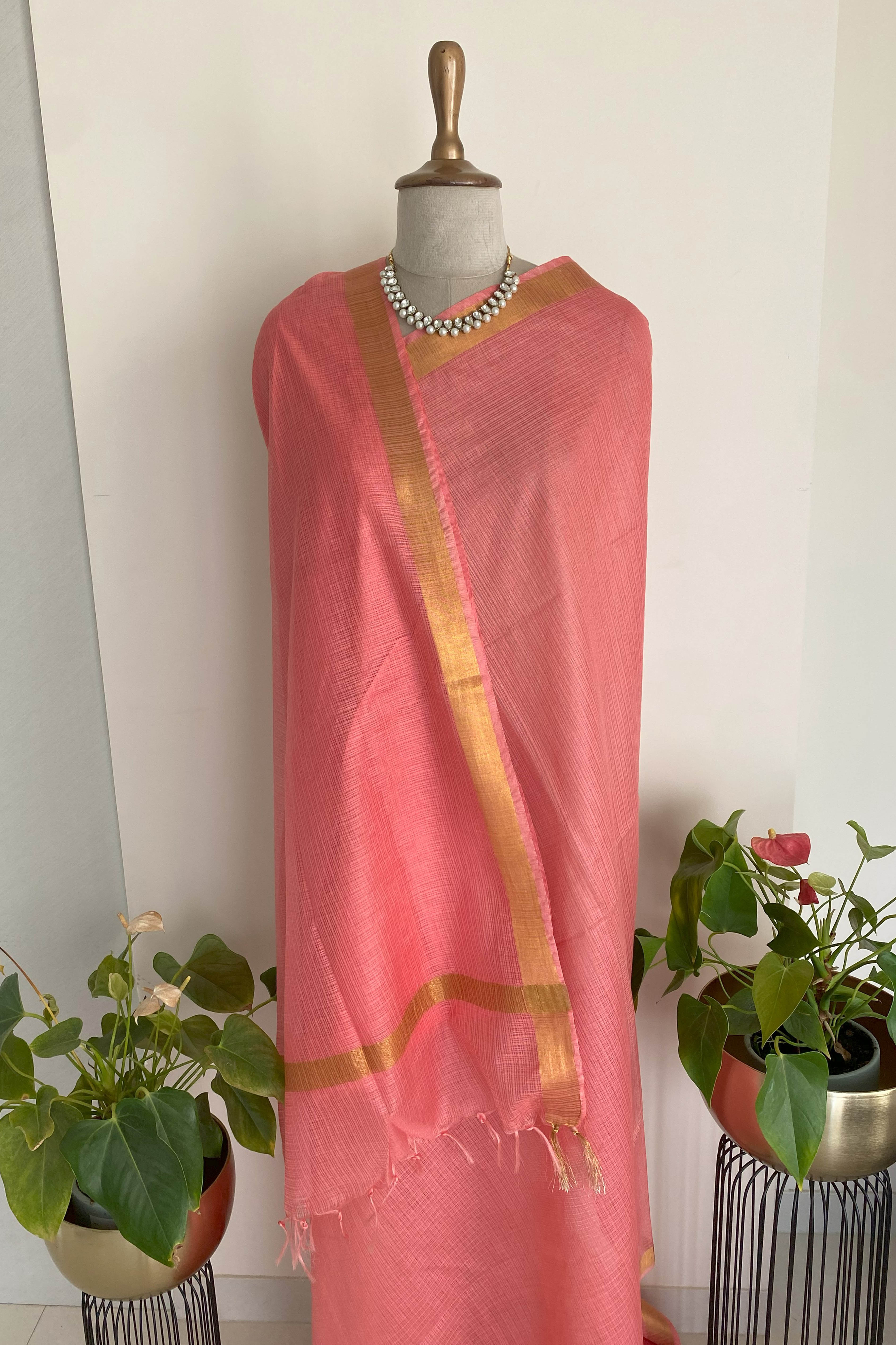 Purna Kota Cotton Saree in Light Pink Colour with Golden Border - Indian Handloomz
