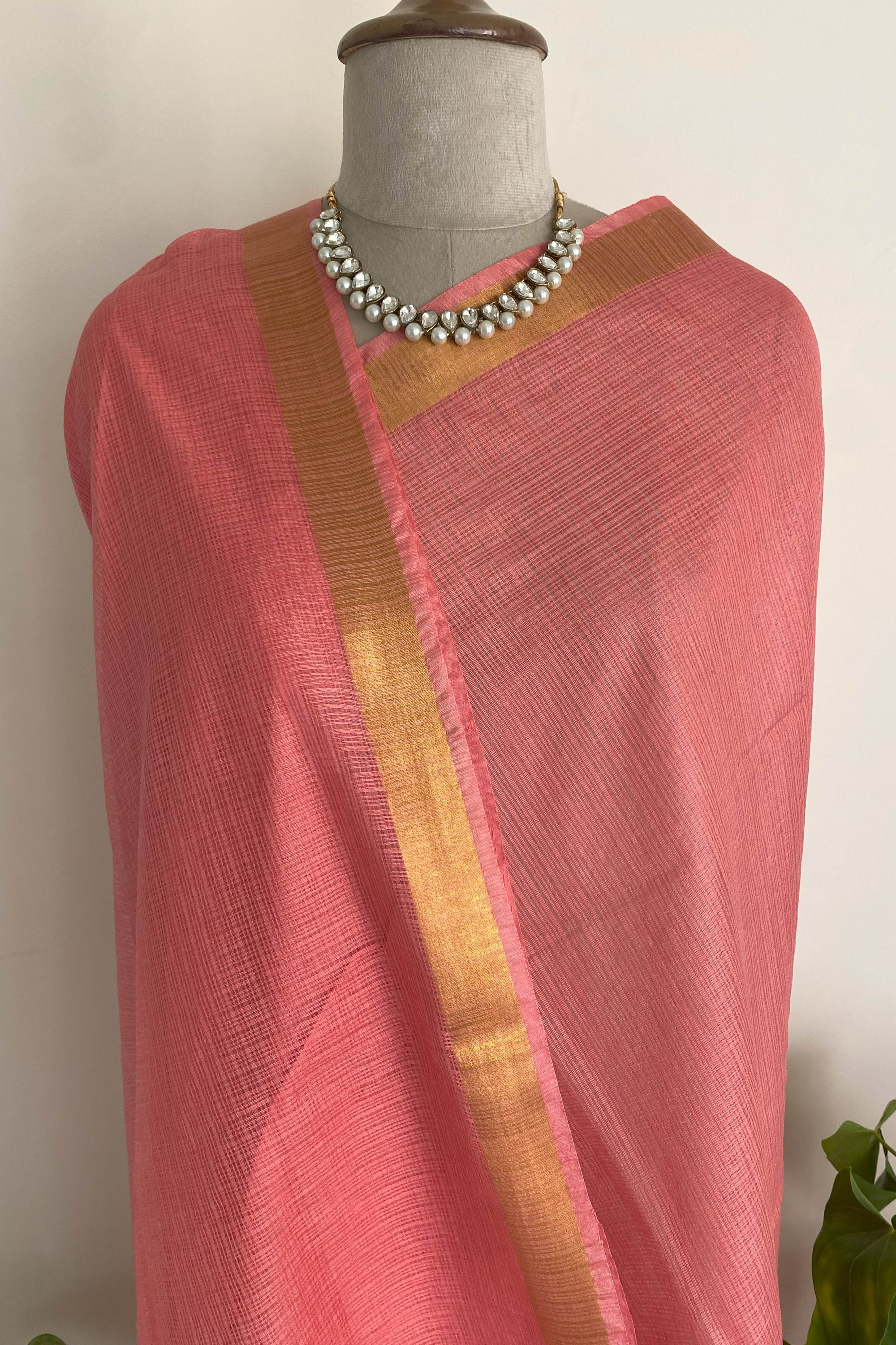 Purna Kota Cotton Saree in Light Pink Colour with Golden Border - Indian Handloomz