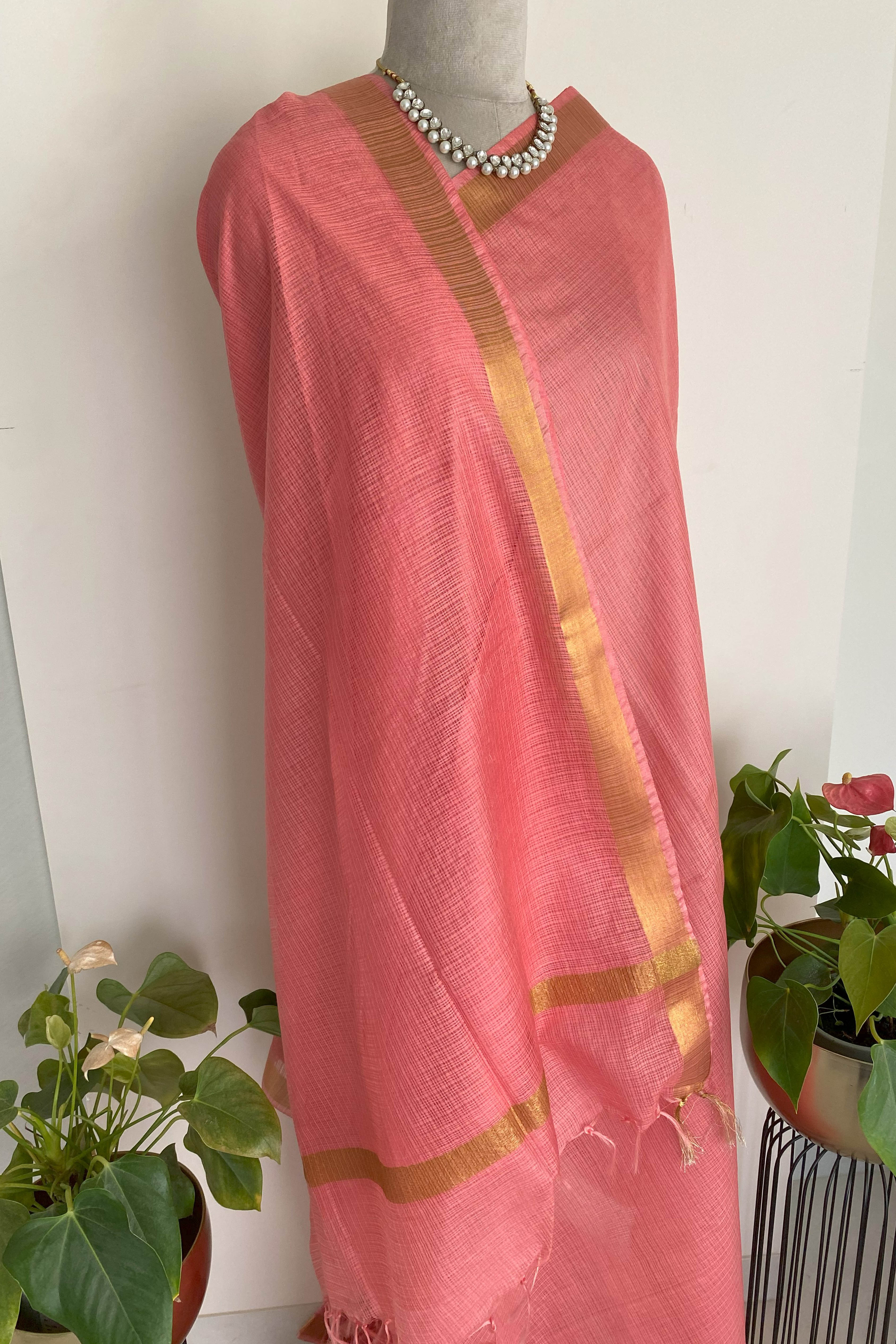 Purna Kota Cotton Saree in Light Pink Colour with Golden Border - Indian Handloomz
