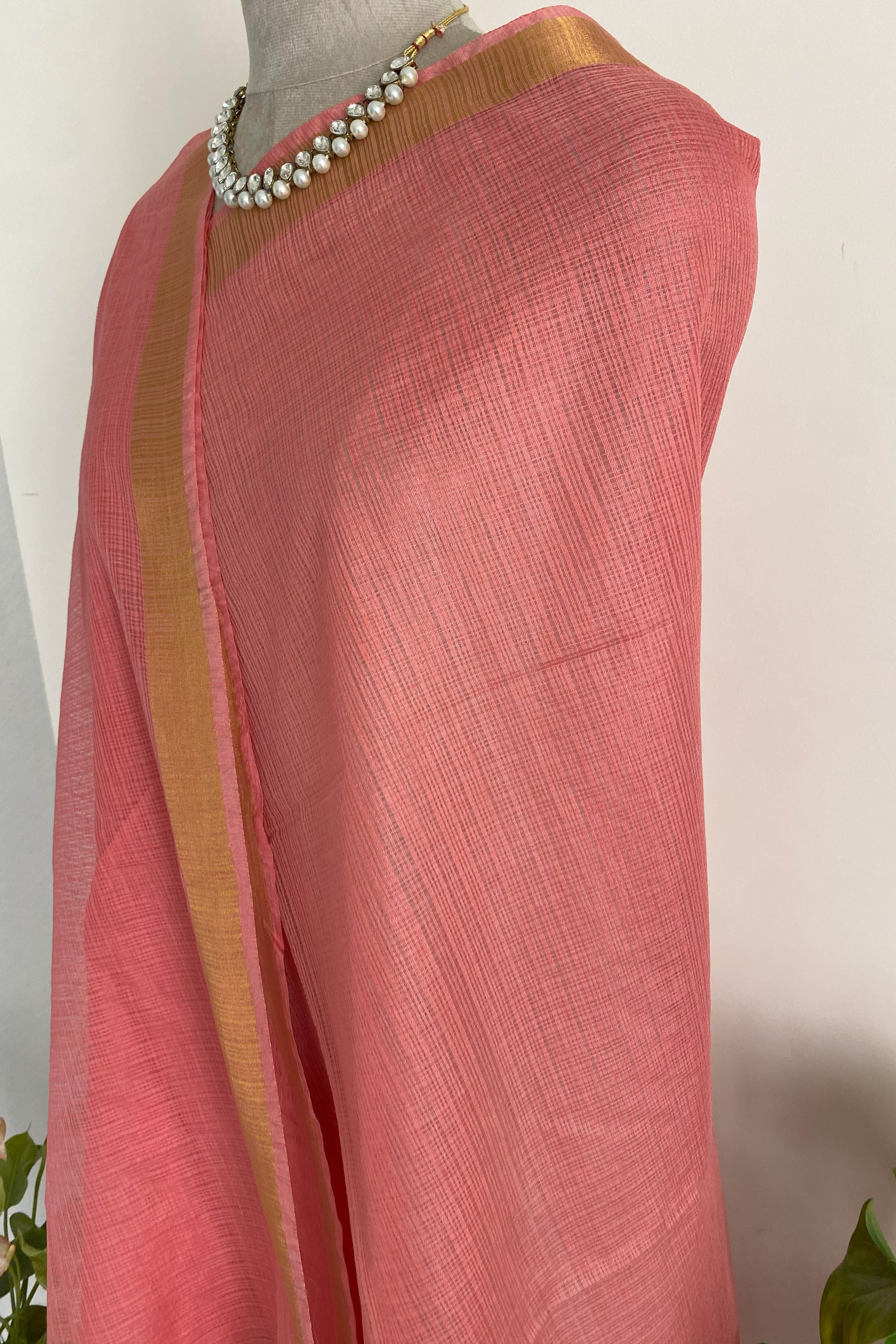 Purna Kota Cotton Saree in Light Pink Colour with Golden Border - Indian Handloomz
