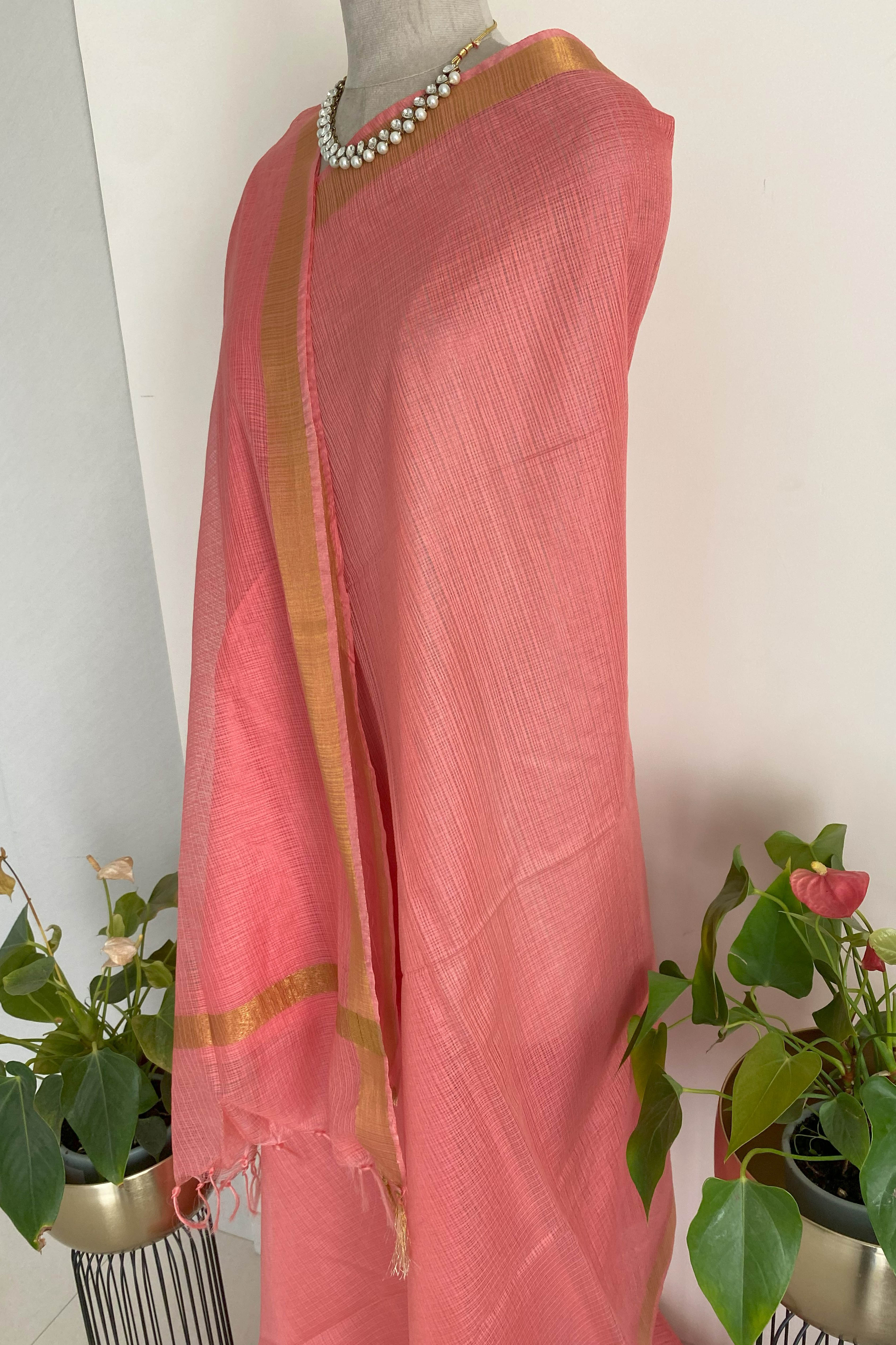 Purna Kota Cotton Saree in Light Pink Colour with Golden Border - Indian Handloomz